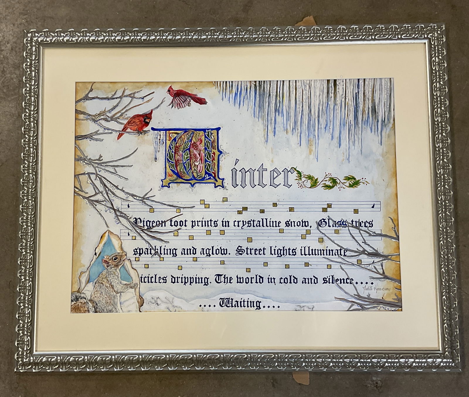 Sgnd Judith Lynn Winter Watercolor Pntng 2011 30in: Framed and matted watercolor painting with gold leaf. Signed lower right, Judith Lynn, 2011. Winter. Birds and squirrel. Decorative silver tone frame. Not examined out of frame. Frame measures approx.