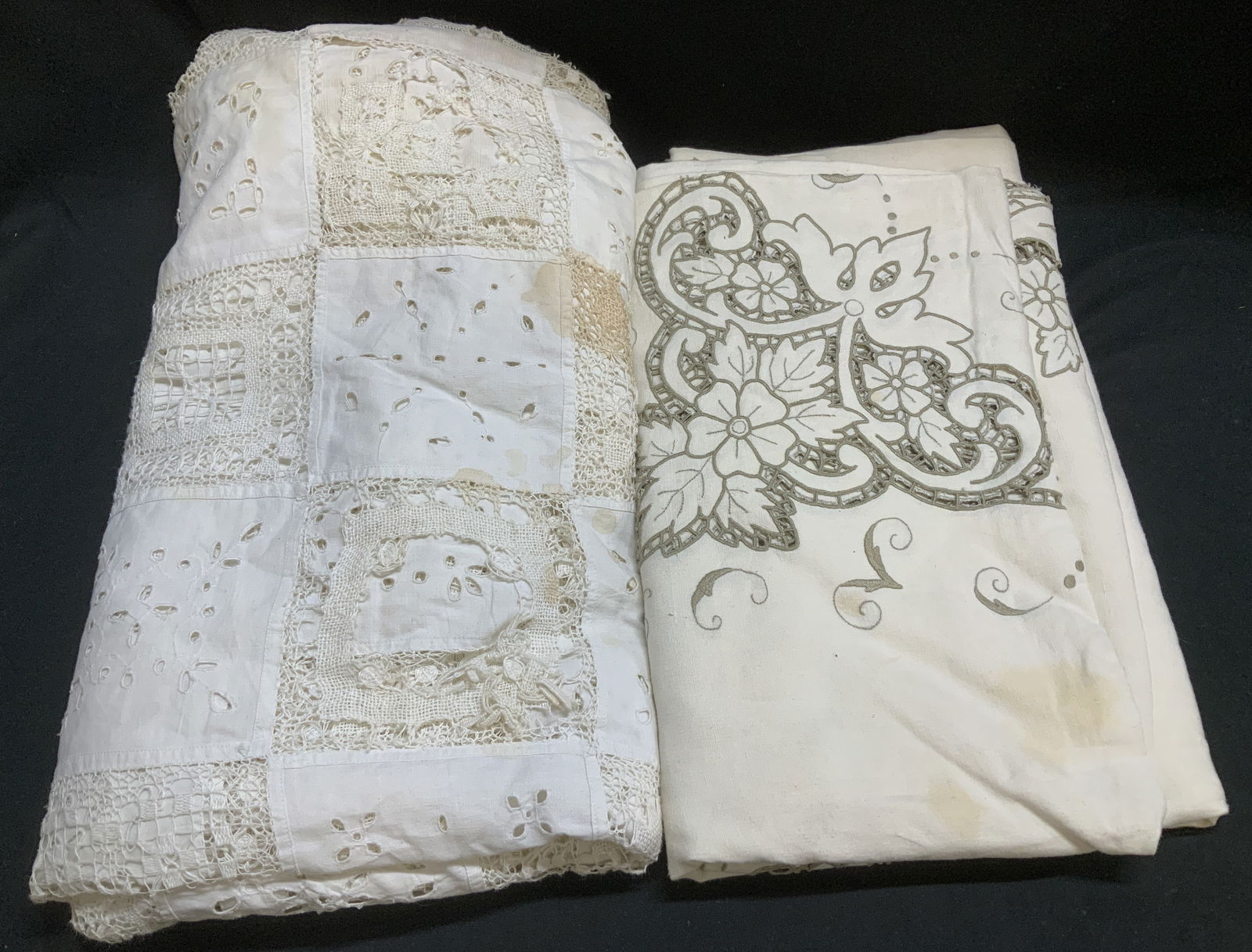 Lot 2 Vtg White Linen Embroidered Tablecloths: Lot includes, 2 vintage white tablecloths featuring embroidered floral detailing, lace & cutwork design. Feels like linen. Lot is sold as is. Surface wear consistent to age, use & exposure. Measuremen