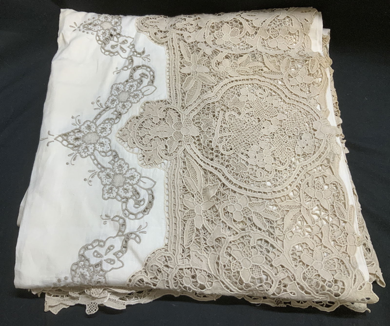 Vtg White & Tan Linen Embroidered Tablecloth (1 of 6)