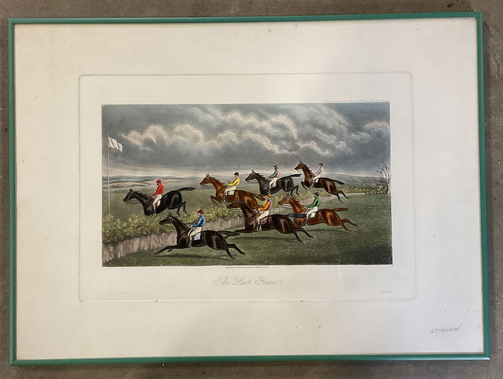 Framed Hunt & Son The Last Fence Engraving 2ft: Framed hand colored engraving on paper. The Last Fence. Equestrian scene. Engraved by G. C. Hunt & Son. Green frame not examined out of frame. Not examined out of frame. Frame measures approx. 17.5 x