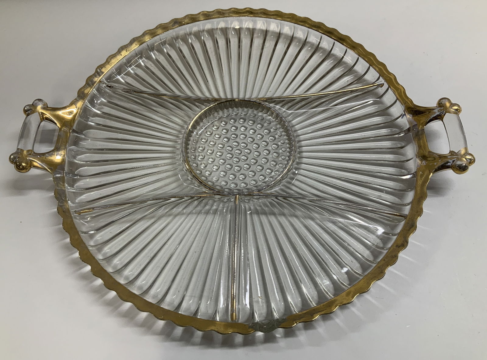 Vntg Gilt & Glass Divided Relish Tray: Vintage serving/relish tray featuring a fluted glass pattern & gilt accents. Double sided handles. 6 divided sections. No visible signature or markings. Surface wear consistent to age, use & exposure.