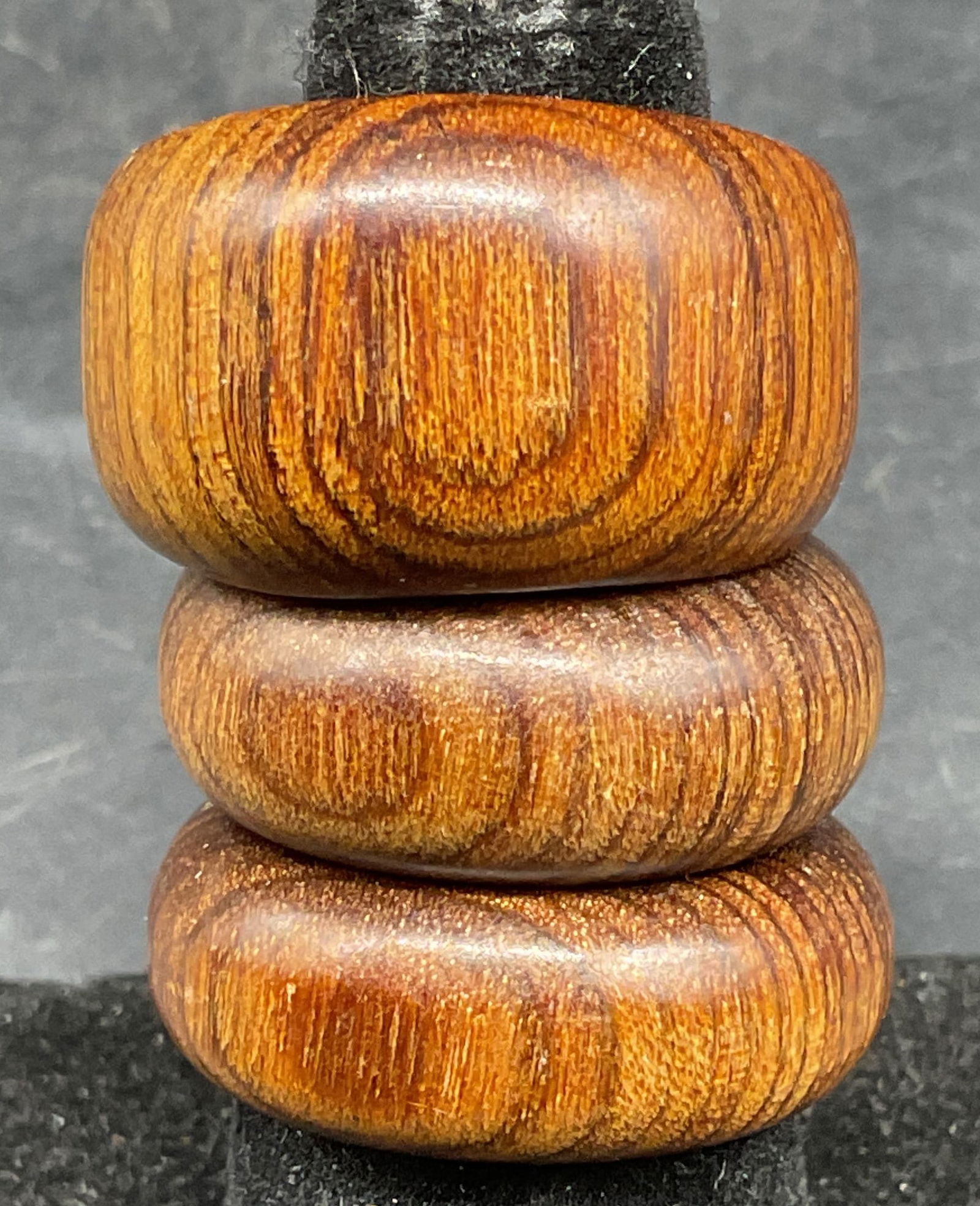 Lot 3 Wood Band Rings: Lot of 3 wood band rings. Largest ring size 7.5. Some scratching. Jewelry, estate jewelry, costume jewelry, cocktail jewelry, fashion jewelry, accessories, fashion accessories, wearables, 10 j