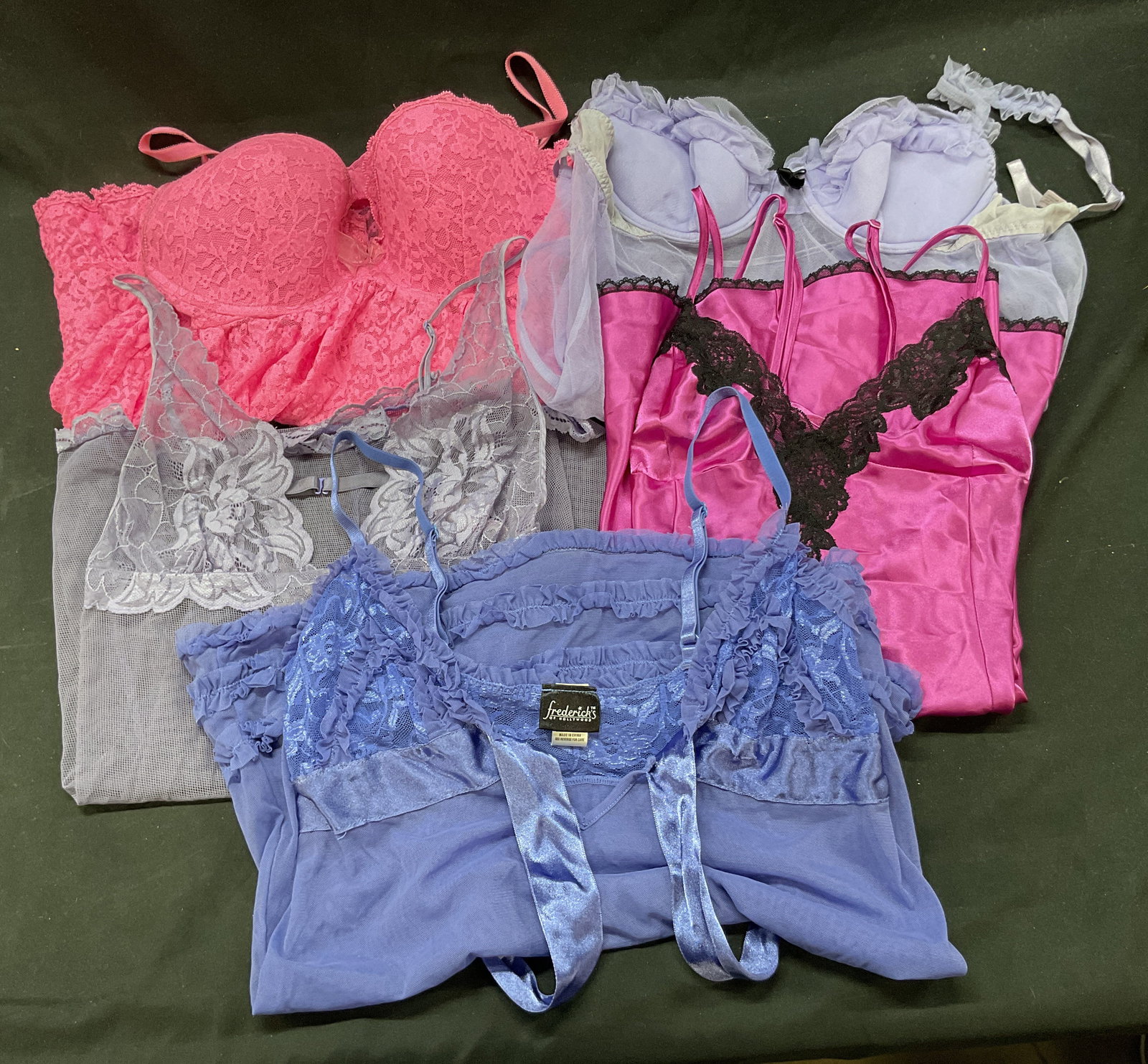 Lot 5 Fredericks Of Hollywood+ Lingerie: Lot of 5 items. Fredericks Of Hollywood and Victorias Secret lingerie. Majority are size Small. Majority are nylon material. Pinks, blues, purples. Floral lace details. Scalloped trim. Wear to all pie