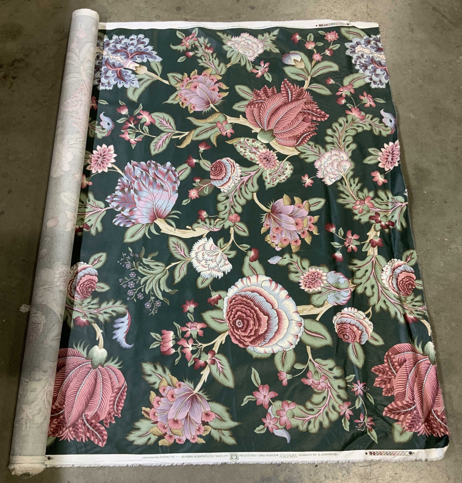 Waverly Abundance Screen Print Cotton Fabric Roll: Fabric roll from Waverly & featuring an abundance pattern with floral motifs. Shades of green, pink, blue & white. 100% cotton. Lot is sold as is. Surface wear consistent to age, use & exposure. Signe