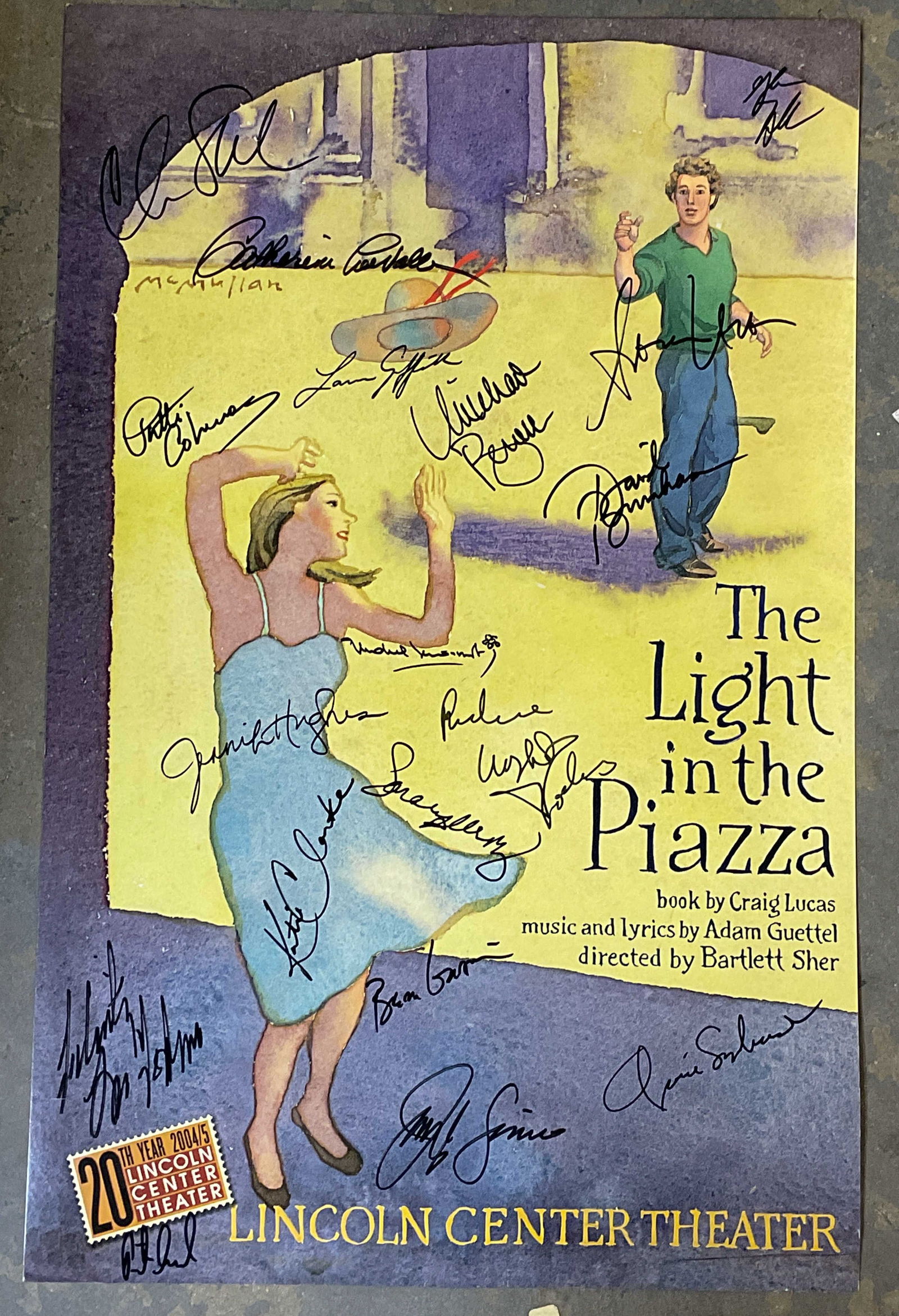 Cast Signed Light In The Piazza Broadway Poster 22: 20th Year 2004/05 The Light in the Piazza lithograph poster. Musical. Lincoln Center Theater, New York City. Signed by the cast, some signatures include Patti Cohenour, Beau Gravitte, David Burnham, M