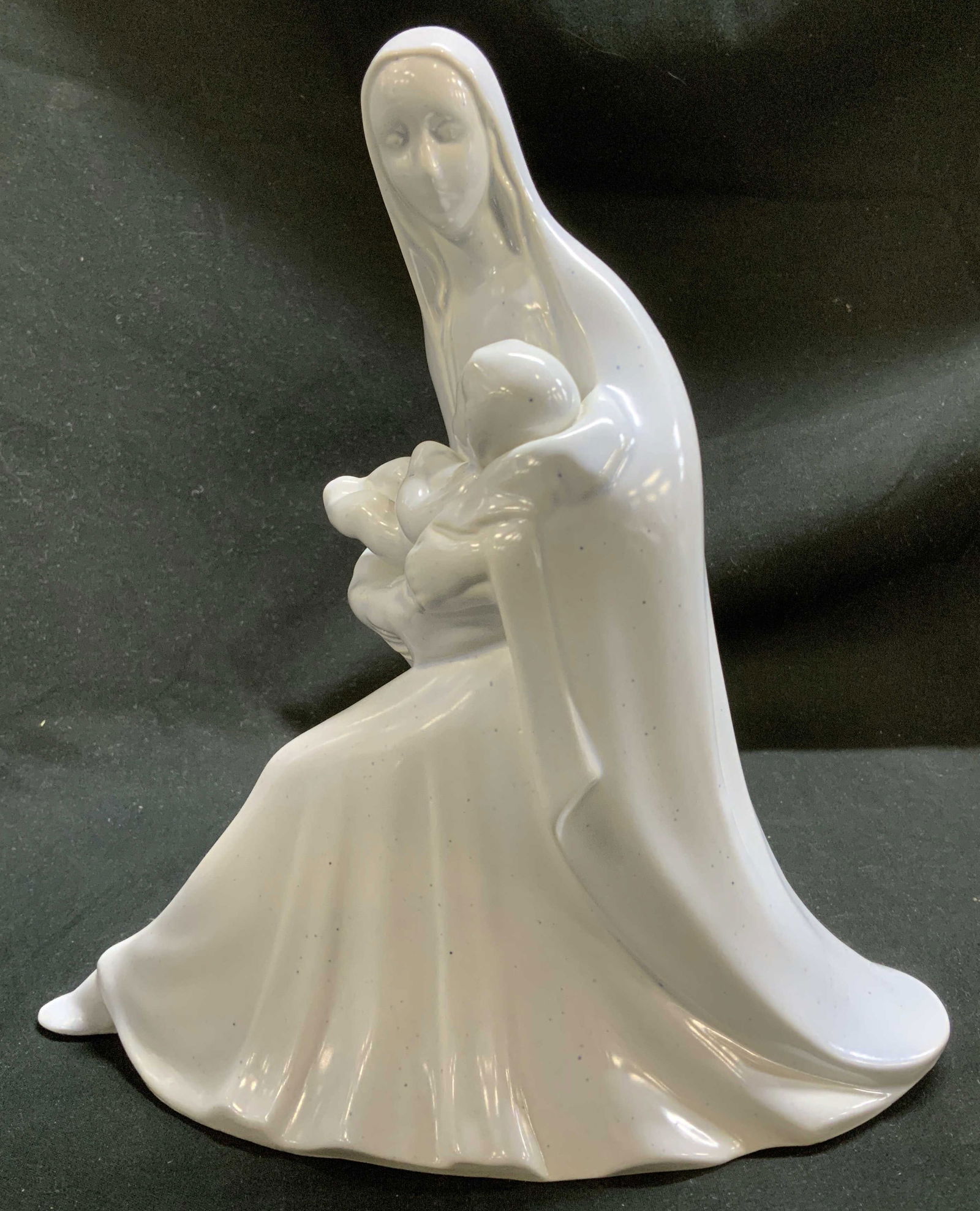 Vtg Friars Virgin Mary & Baby Jesus Ceramic Fig: Vintage ceramic figurine depicting Virgin Mary carrying baby Jesus. Features a blue speckled pattern. Signed & marked on underside. Reads, FRIARS. GM 124/116. Surface wear consistent to age, use & exp