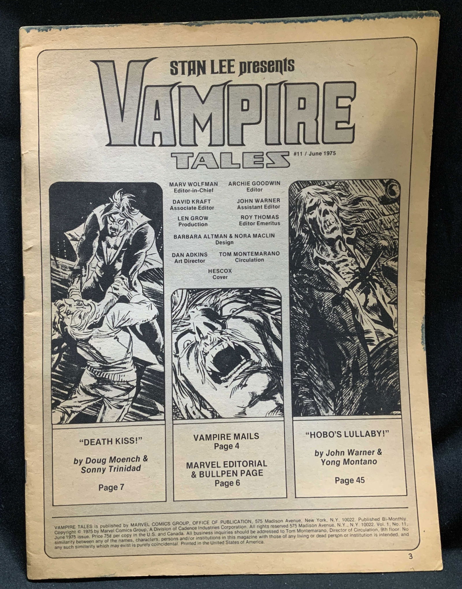 1975 Marvel Vampire Tales #11 Illustr Magazine: Vampire tales is published by Marvel Comics Group. Copyright 1975. Stan Lee presents Vampire Tales. #11. Front cover features various names & illustrations. Sold as is. Surface wear consistent to