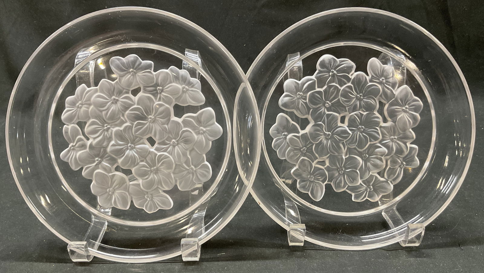 Pair Frosted Floral Glass Plates: Pair of frosted floral glass plates. Round plates. Raised frosted floral motifs. No visible markings. Measures approx 8 inches in diameter. Scratching observed. Plates, tableware, home decor,
