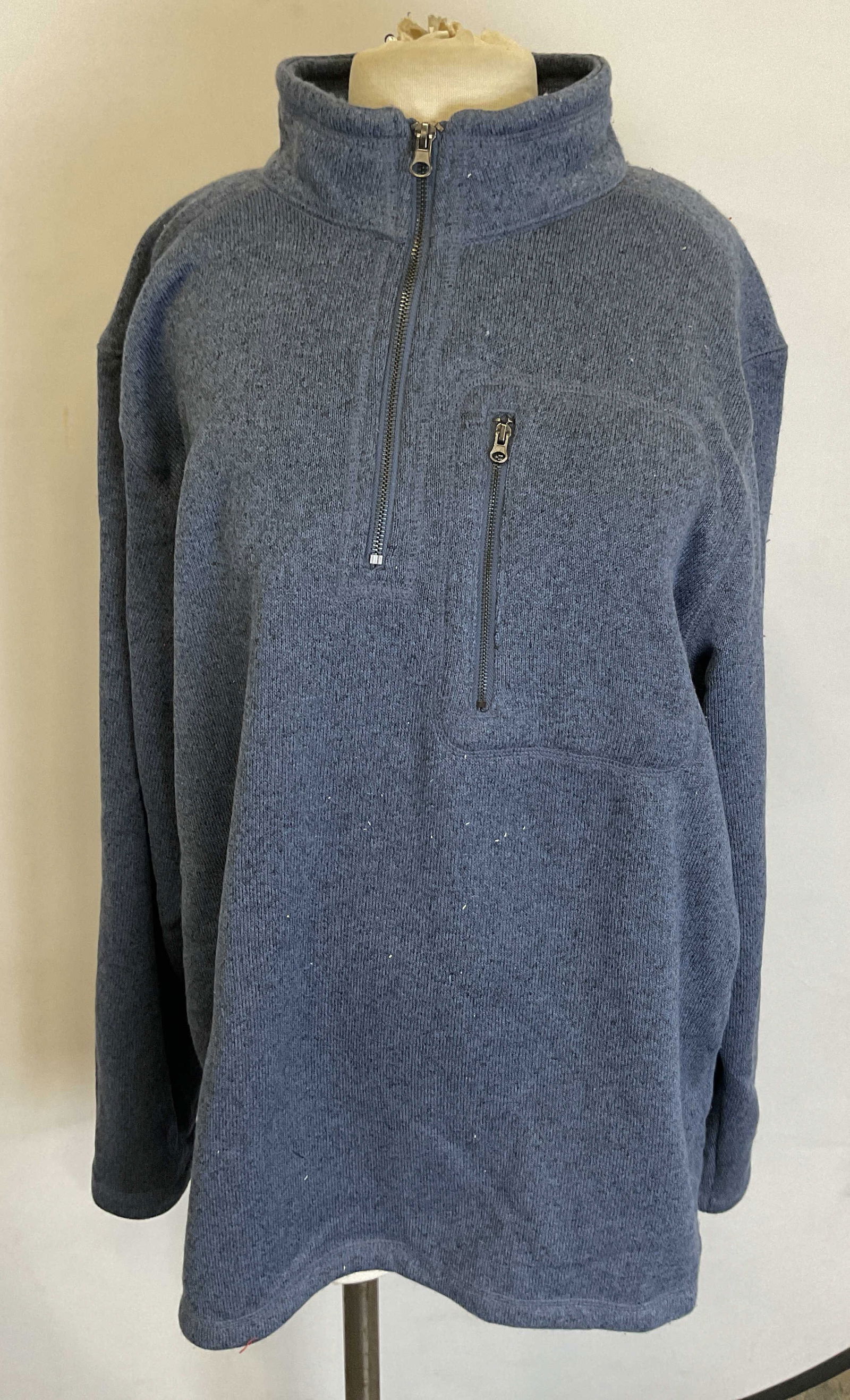 Outdoor Life Blue Quarter Zip Sweater Egypt: Outdoor Life blue quarter zip sweater. Made in Egypt. Size L. Feels like wool. Collared with zipper. Front pocket with zipper. Wear consistent with exposure. Property of Upper East Side French