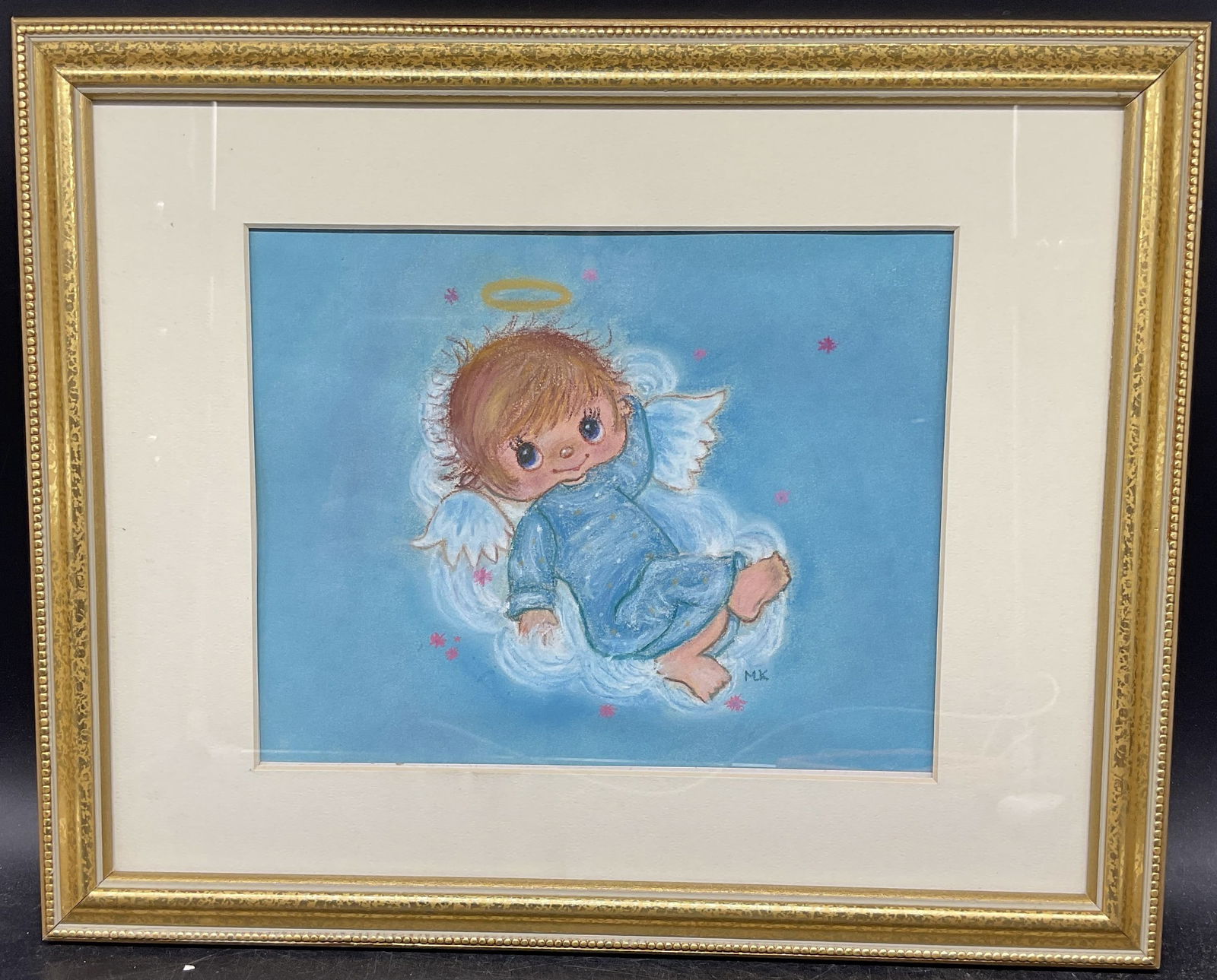 Framed Signed Angel Baby Pastel Drawing: Framed and matted pastel drawing. Signed lower right, MK. Angel baby in blue. Gilt wood frame. Not examined out of frame. Frame measures approx. 12.75 x 15.75 inches. Some wear consistent with exposur