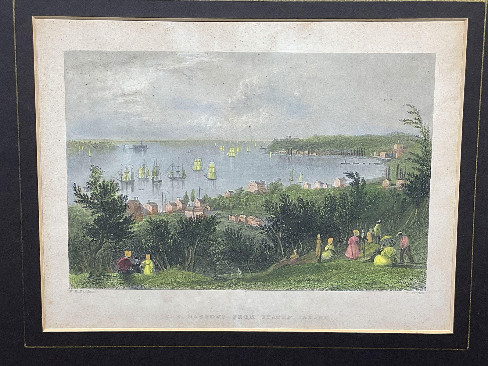 Antq Bartlett Finden Staten Island Engraving: Antique matted hand colored engraving. After William Henry Bartlett, engraved by Edward Finden. The Narrows from Staten Island. View or boats on water and figures with landscape. Not examined out of m