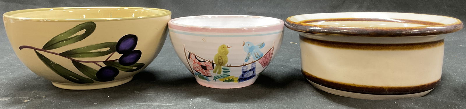 Lot 3 Tag+ Ceramic Decorative Bowls: Lot of 3 ceramic decorative bowls. One marked Tag. Another is signed, reads as photographed here. Shapes and size vary. Hand painted bird and fruit motifs. Ribbed pattern. Varying colors. Largest meas