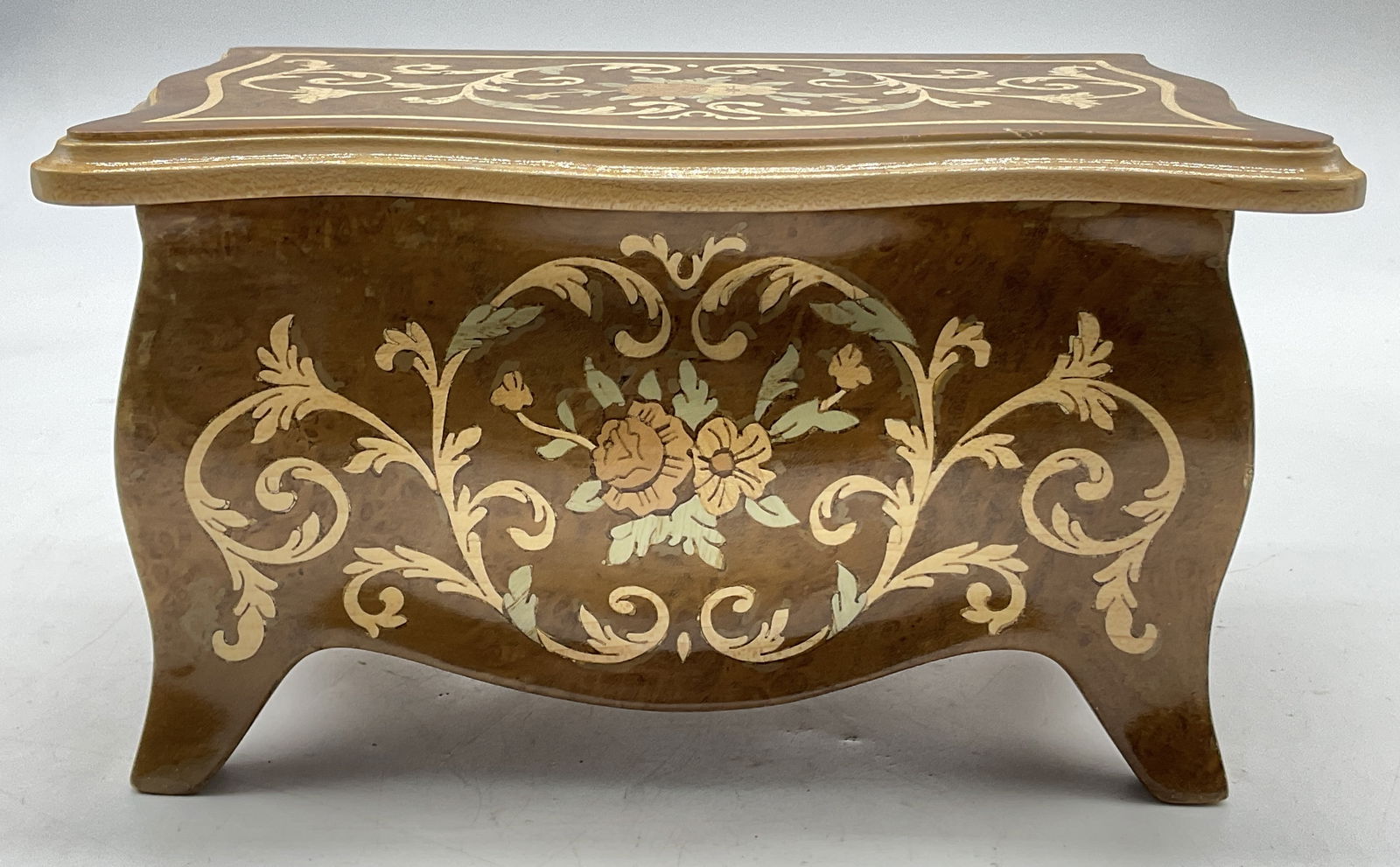 Vintage Inlaid Polished Wood Footed Jewelry Box (1 of 10)