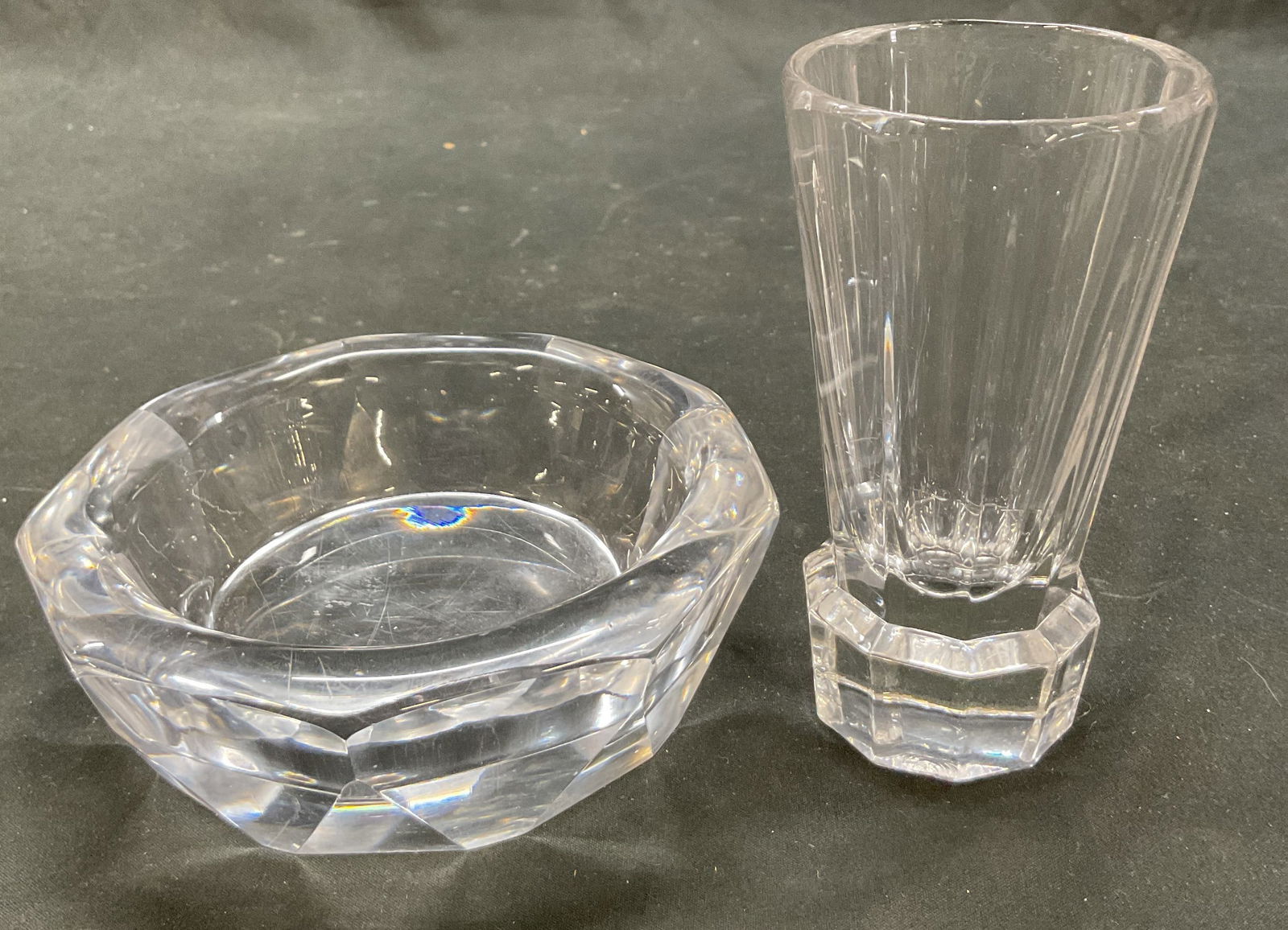 Lot 2 Vtg Faceted Glass & Crystal Vase & Dish: Lot of 2 items. Vintage faceted glass vase and crystal dish. Vase has ribbed and faceted surface. Round pedestal base. Flared rim. Dish has curved edges with a ribbed and faceted surface. Thick walled