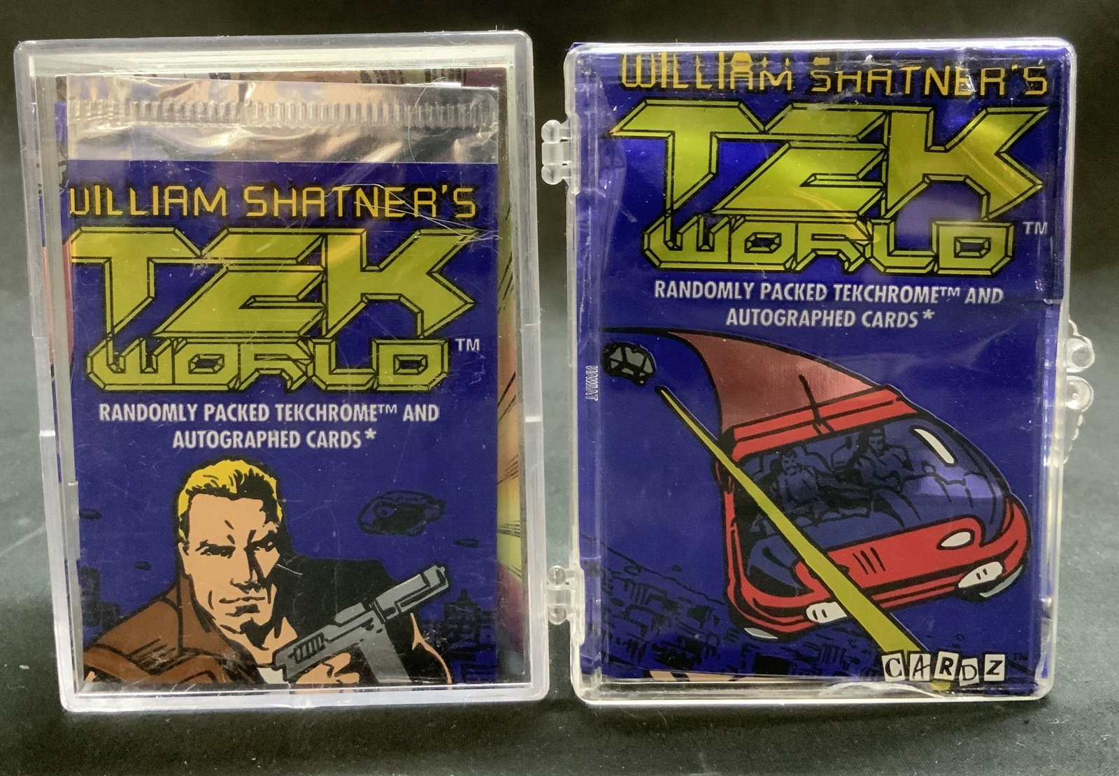 Lot 40+ 1993 William Shatners Tek World Cards: Lot 40+ William Shatners Tek World collectible trading cards. Cards feature various illustrations. Released in 1993 by CARDZ. Cards come in acrylic case. Surface wear consistent to age, use & exposure