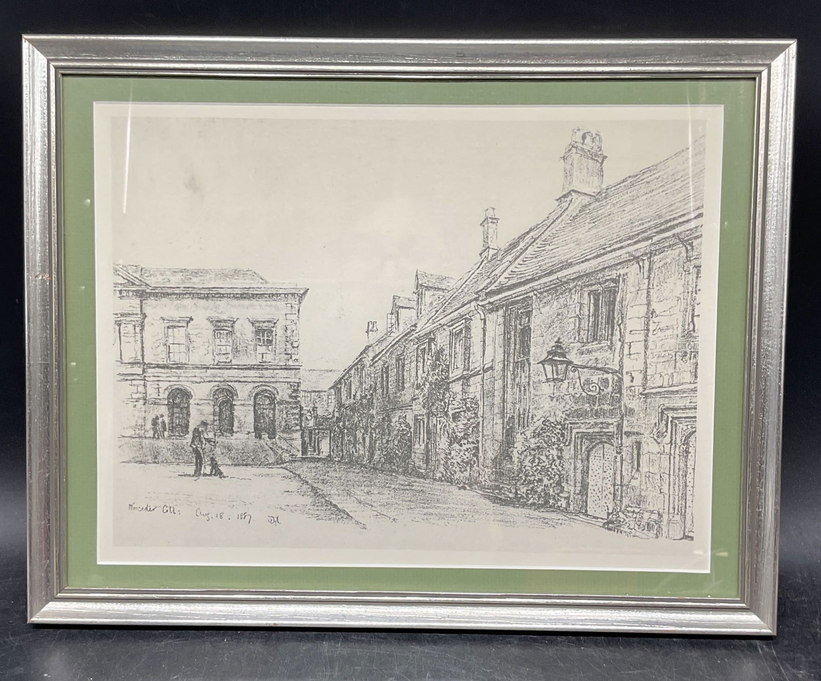 Framed Fulleylove Worcester College Lithograph: Framed and matted lithograph. After John Fulleylove. View of Worcester College. Silver tone wood frame. Not examined out of frame. Frame measures approx. 10.5 x 13.5 inches. Some wear consistent with