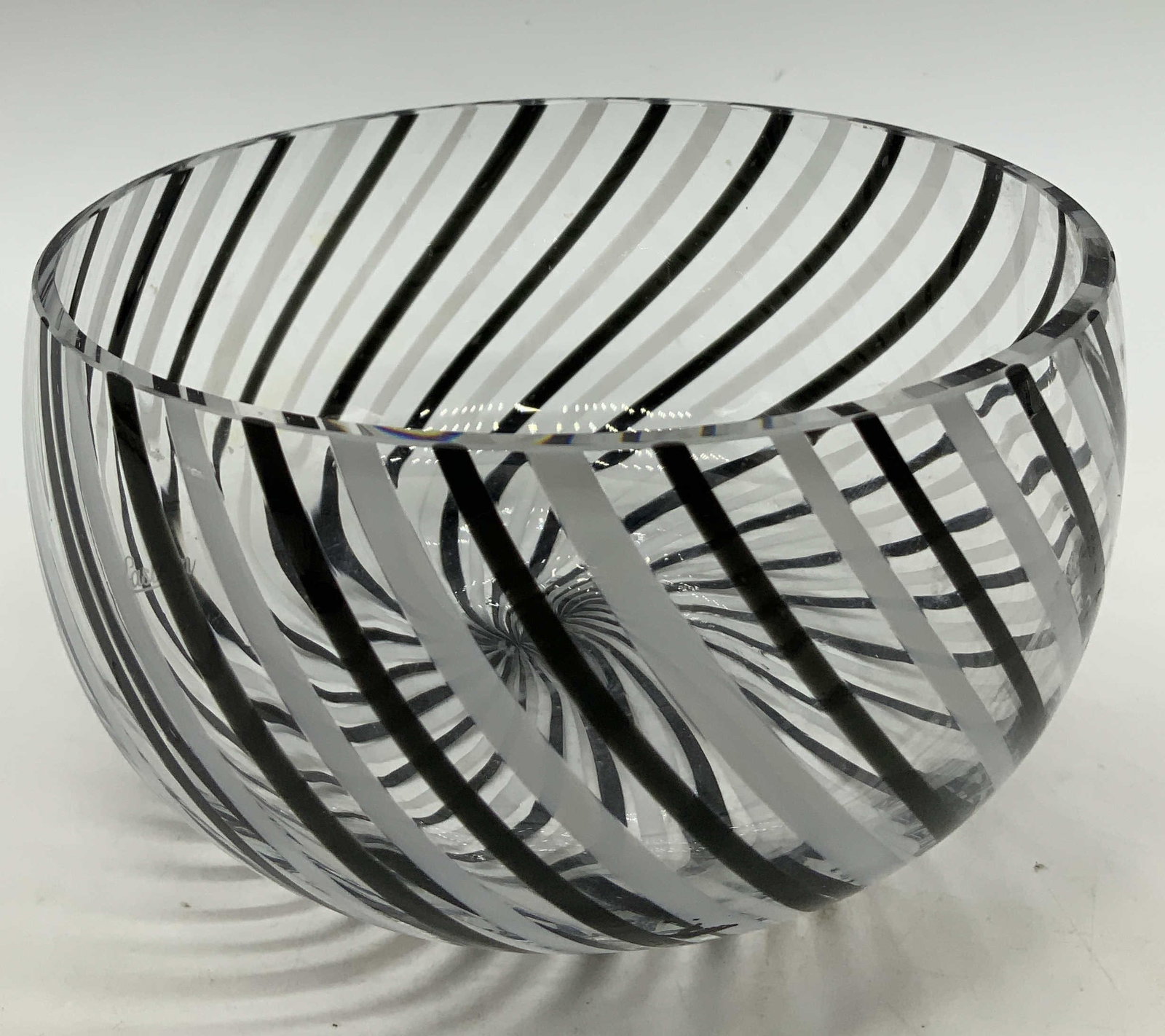 Eastern Murano Style Striped Art Glass Bowl: Murano style art glass bowl features a striped pattern on body. Black & white. Signed & marked. Reads, EASTERN. Surface wear consistent to age, use & exposure. Measurements: length 5in x width 5in x h