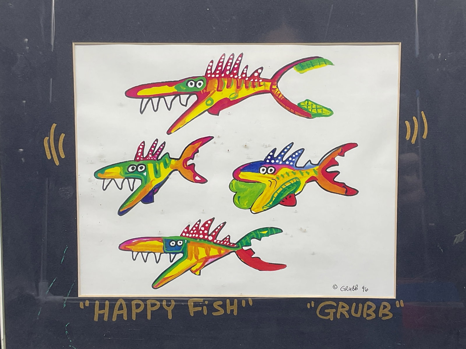 Signed Lisa Grubb Happy Fish Lithograph: Framed and matted lithograph. Signed Lisa Grubb, 1996. Happy Fish. White frame. Not examined out of frame. Frame measures approx. 14 x 11 inches. some wear including buckling. Art, fine art print, fra