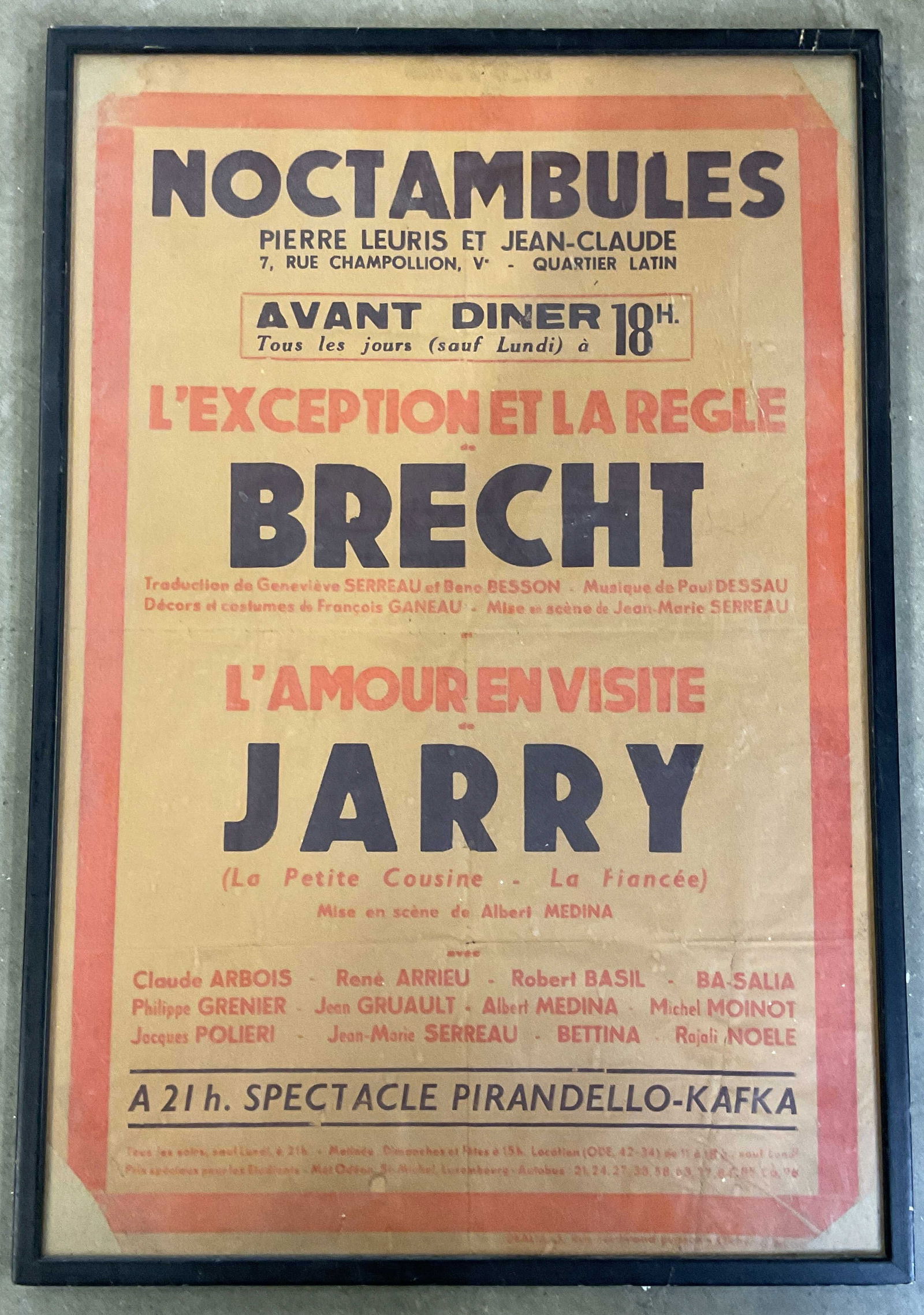 Framed Vintage Noctambules Theater Poster 24in: Framed vintage advertising poster for Noctambules. Theater or cabaret. Paris, France. Black wood frame. Not examined out of frame. Frame measures approx. 24 x 18.5 inches. Some wear consistent with ex
