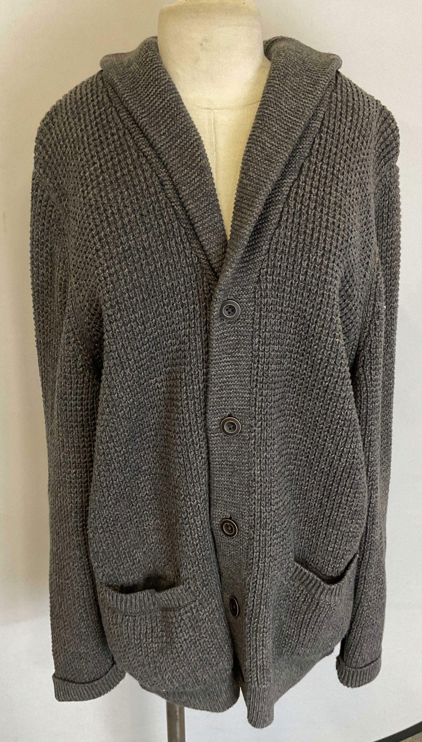 L.L. Bean Grey Buttoned Sweater Cardigan: L.L. Bean grey buttoned sweater cardigan. 100% organic cotton. Size L. Collared. Buttons top to bottom. Front pockets. Wear consistent with exposure. Cardigan, sweater cardigan, L.L. Bean, womens card