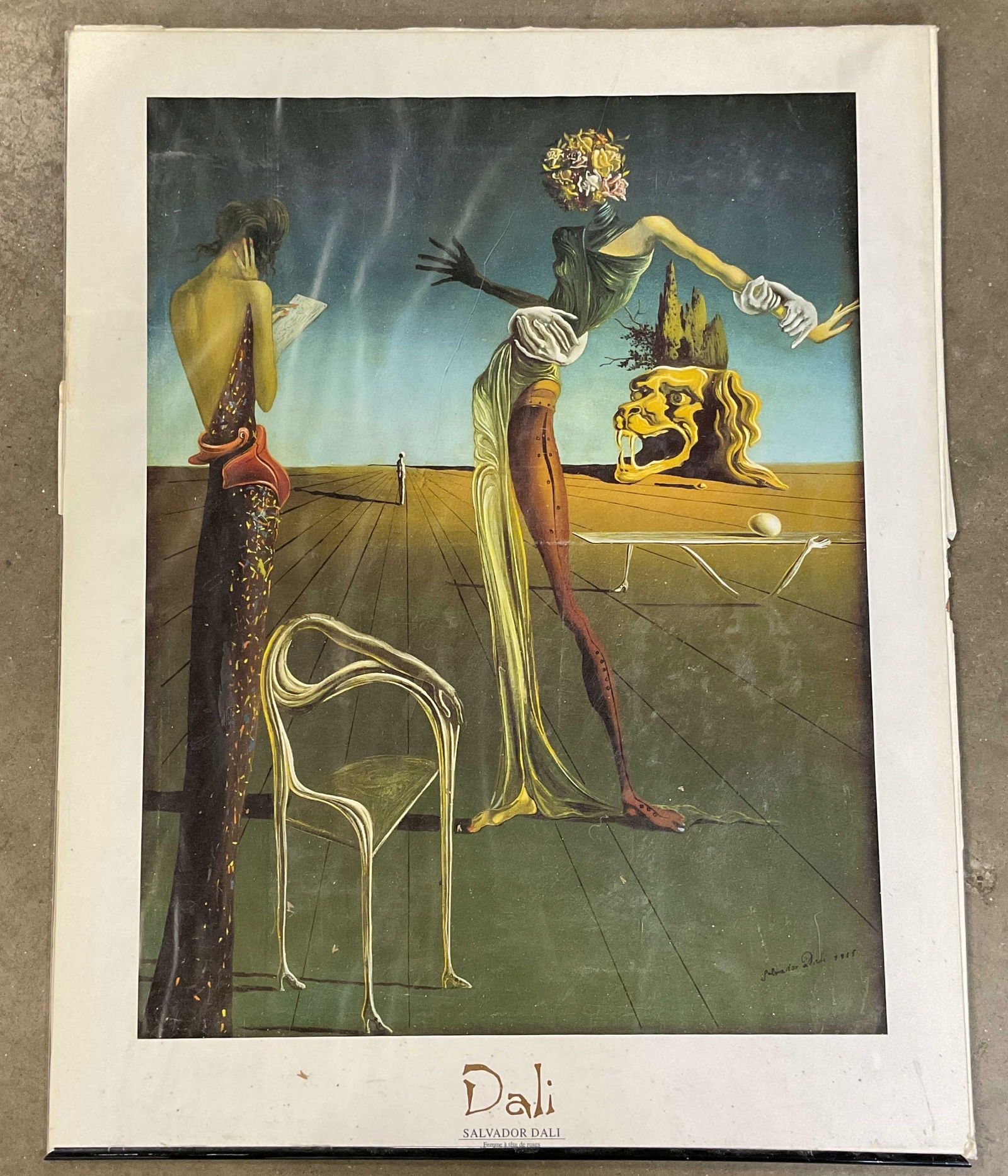 Salvador Dali Femme A Tete De Roses Lithograph 28i: Lithograph poster. Salvador Dali, Femme A Tete de Roses. Backing with acrylic cover. Measures approx. 28 x 22 inches. Wear including tearing at edges, marks. Art, poster, Salvador Dali, surrealism, ho