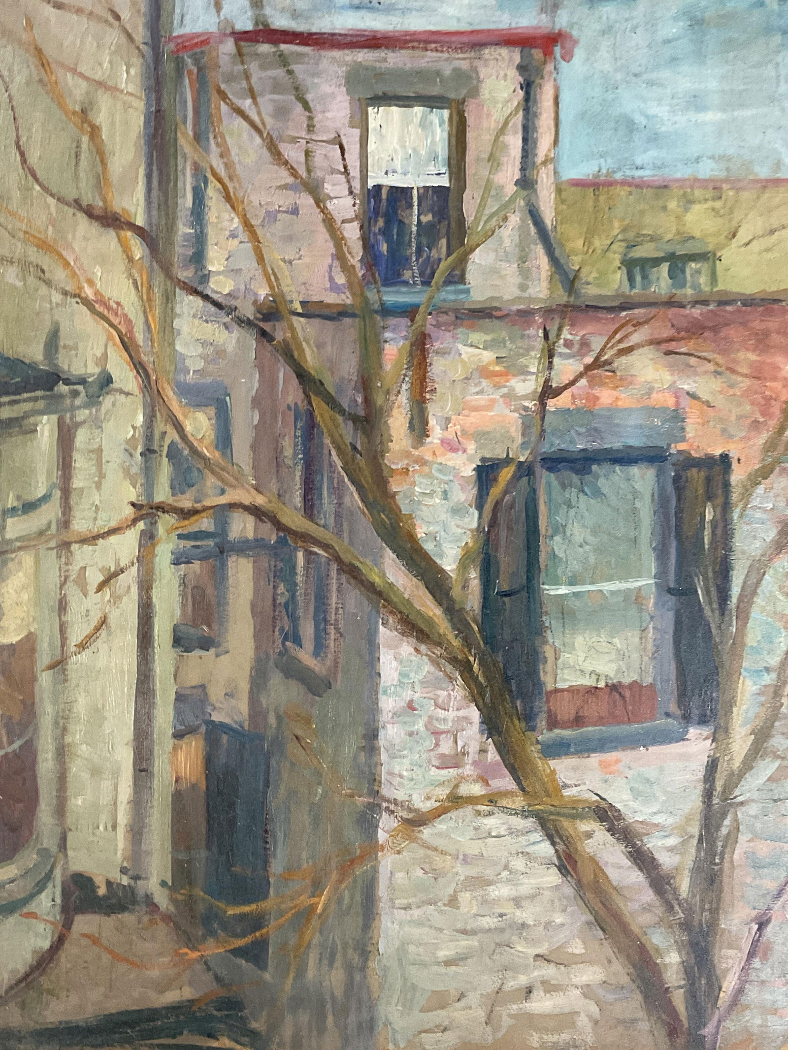 1950 Signed Urban Street Scene Oil Painting 25in: Oil on board painting. Signed illegibly on the verso, dated 1950. Urban street scene with buildings. Measures approx. 25 x 19 inches. Wear including craquelure, corner wear, losses. Art, fine art, oil