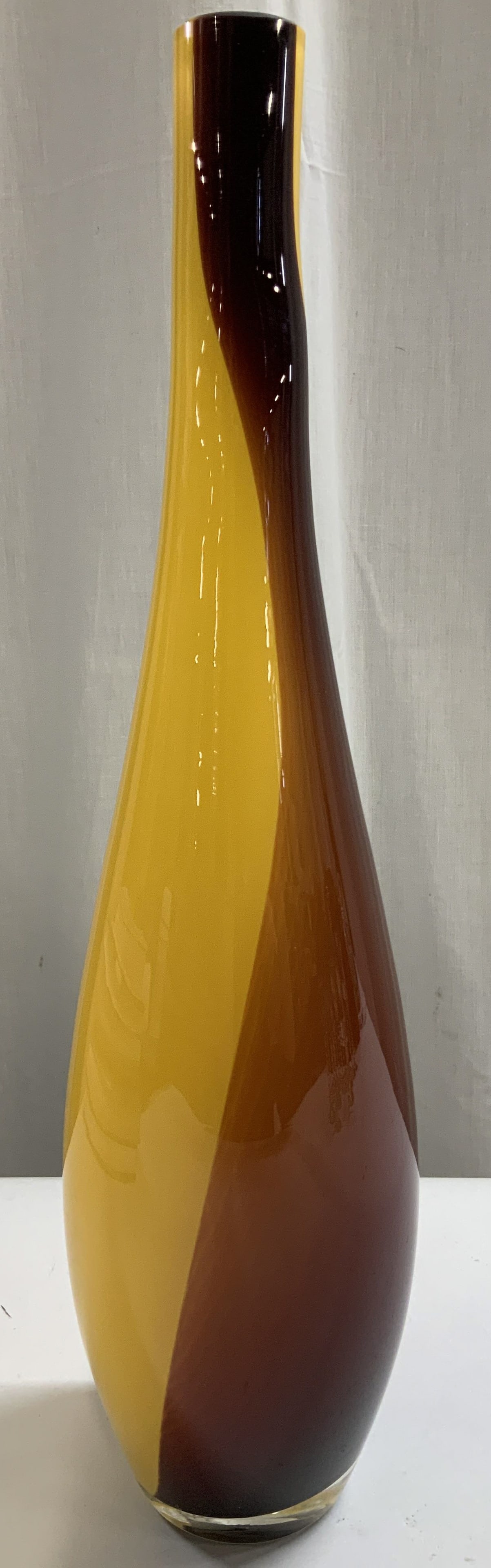 Red & Yellow Art Glass Bud Vase POLAND: Art glass bud vase features a vibrant red & yellow toned. Narrow neck. Signed & marked on underside. Reads, C7240 FLAME 14in BUD VADE. POLAND. Surface wear consistent to age, use & exposure. Measureme