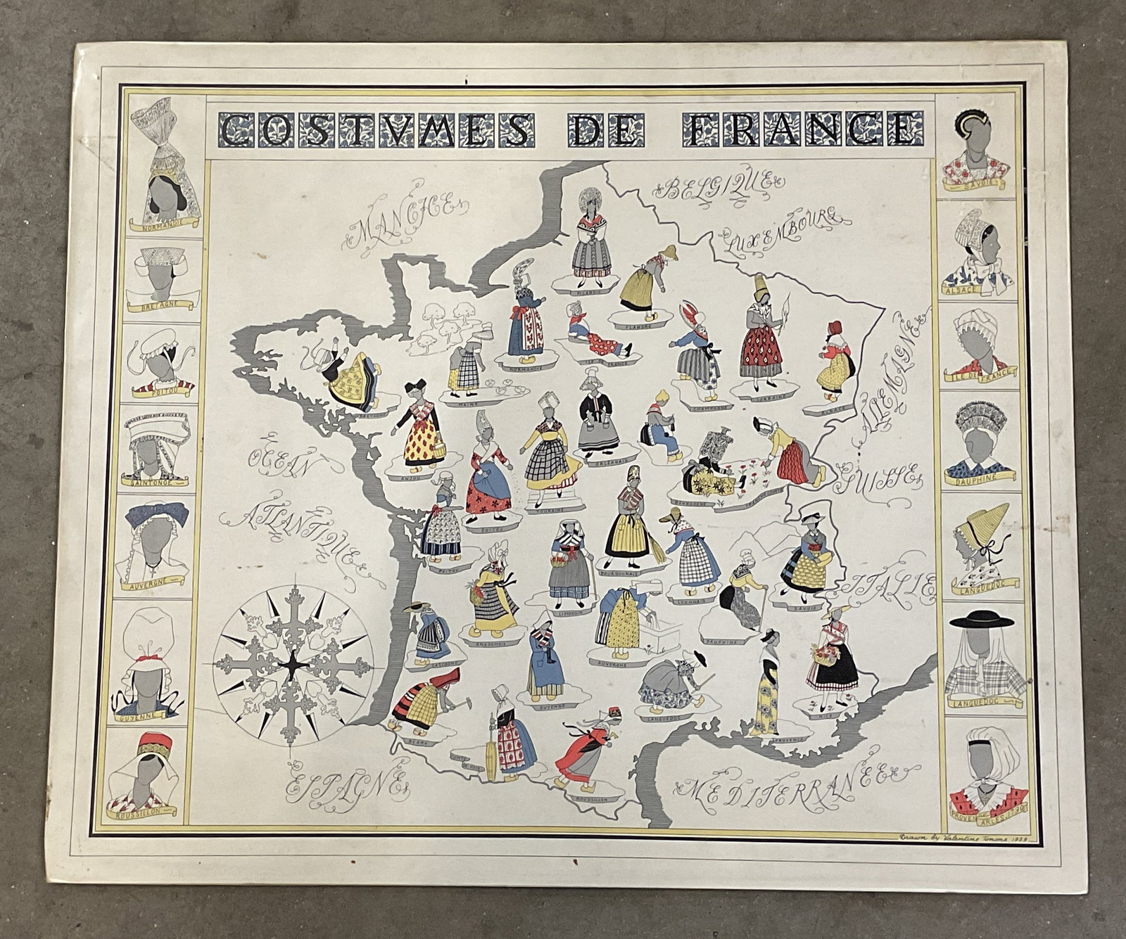 1939 Tonone Costumes Of France Lithograph 26in: 1939 Valentine Tonone Costumes of France lithograph. Regional French folk costumes. Measures approx. 22.5 x 26.75 inches. Wear including foxing, small tears. Costume of France, Valentine Tonone, Art,