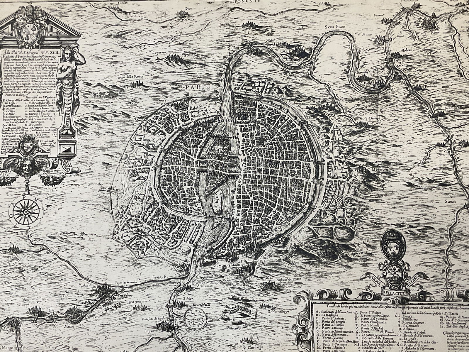 Pigafetta Parigi Paris Map Litho Poster 40in: Vintage historic map reproduction of the 1591 Parigi map by Filippo Pigafetta. City of Paris. Lithograph on board. Measures approx. 29.75 x 40 inches. Wear including foxing, marks, tearing. Art, map,