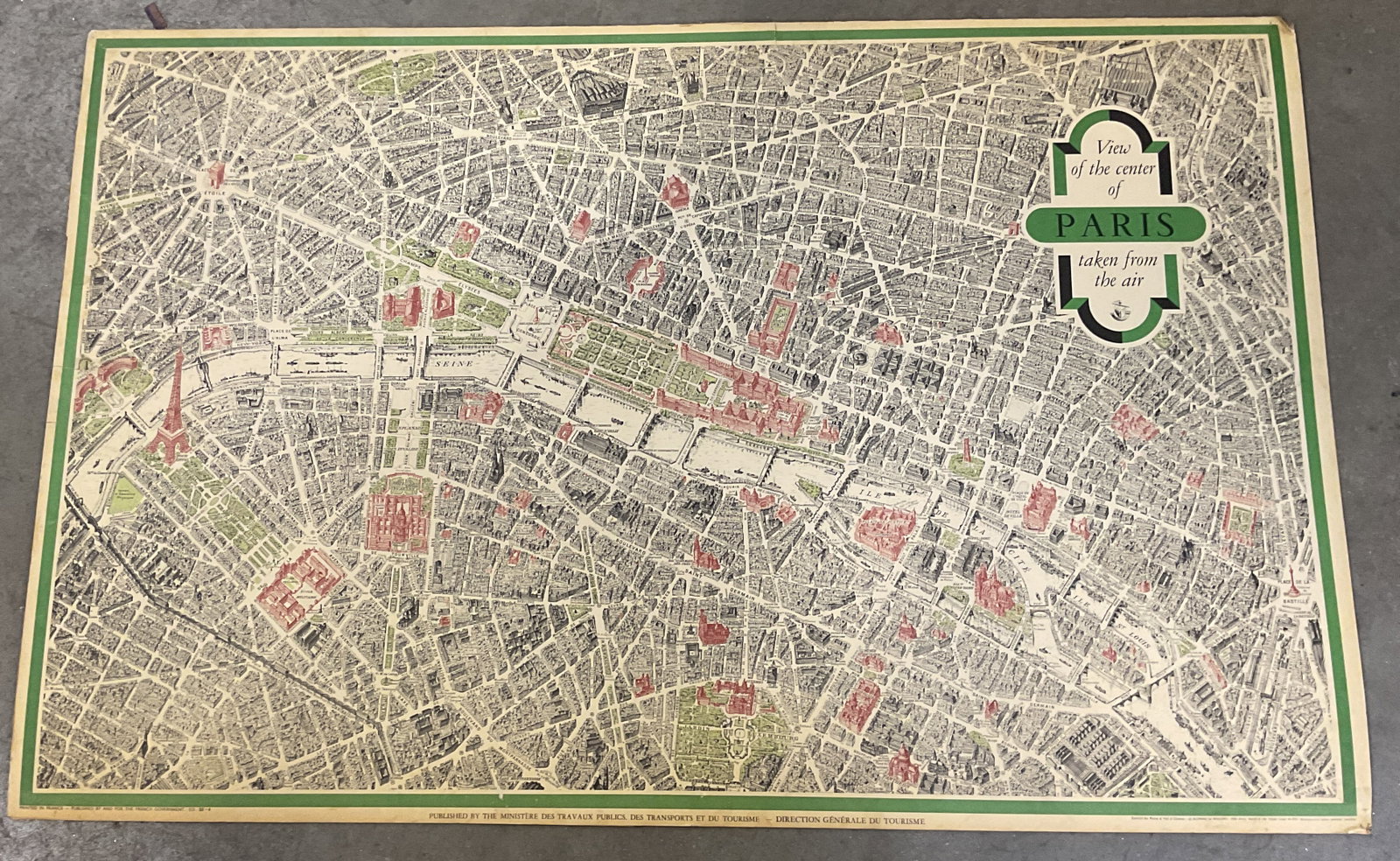 1958 Paris Center Map Litho Blondel La Rougery 42i: 1958 map of Paris. View of the center of Paris taken from the air. Copyright Blondel La Rougery. Printed in France, by and for the French Government. Measures approx. 27.25 x 42.25 inches. Wear includ