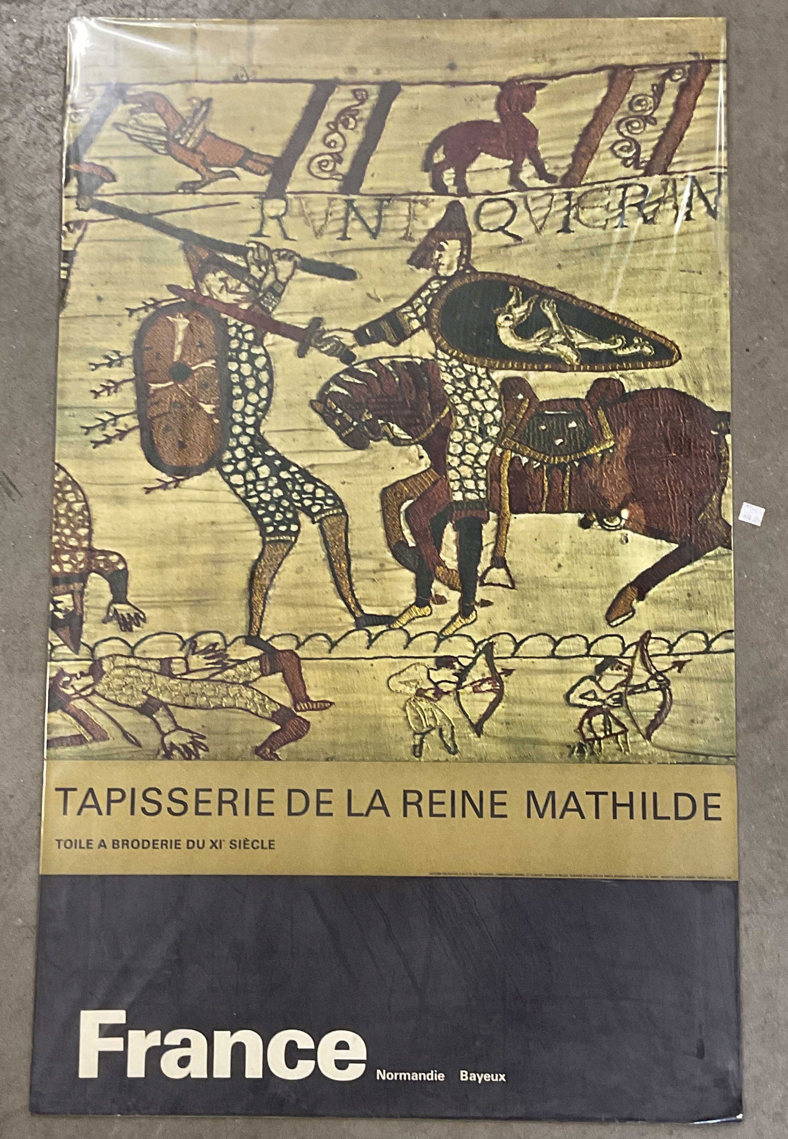 1962 BAYEUX Tapestry French Tourism Poster 39in: Vintage circa 1962 French tourism poster featuring the BAYEUX Tapestry. Published by and for the French government. Measures approx. 39 x 24 inches. Some wear including small tears, creasing. BAYEUX t