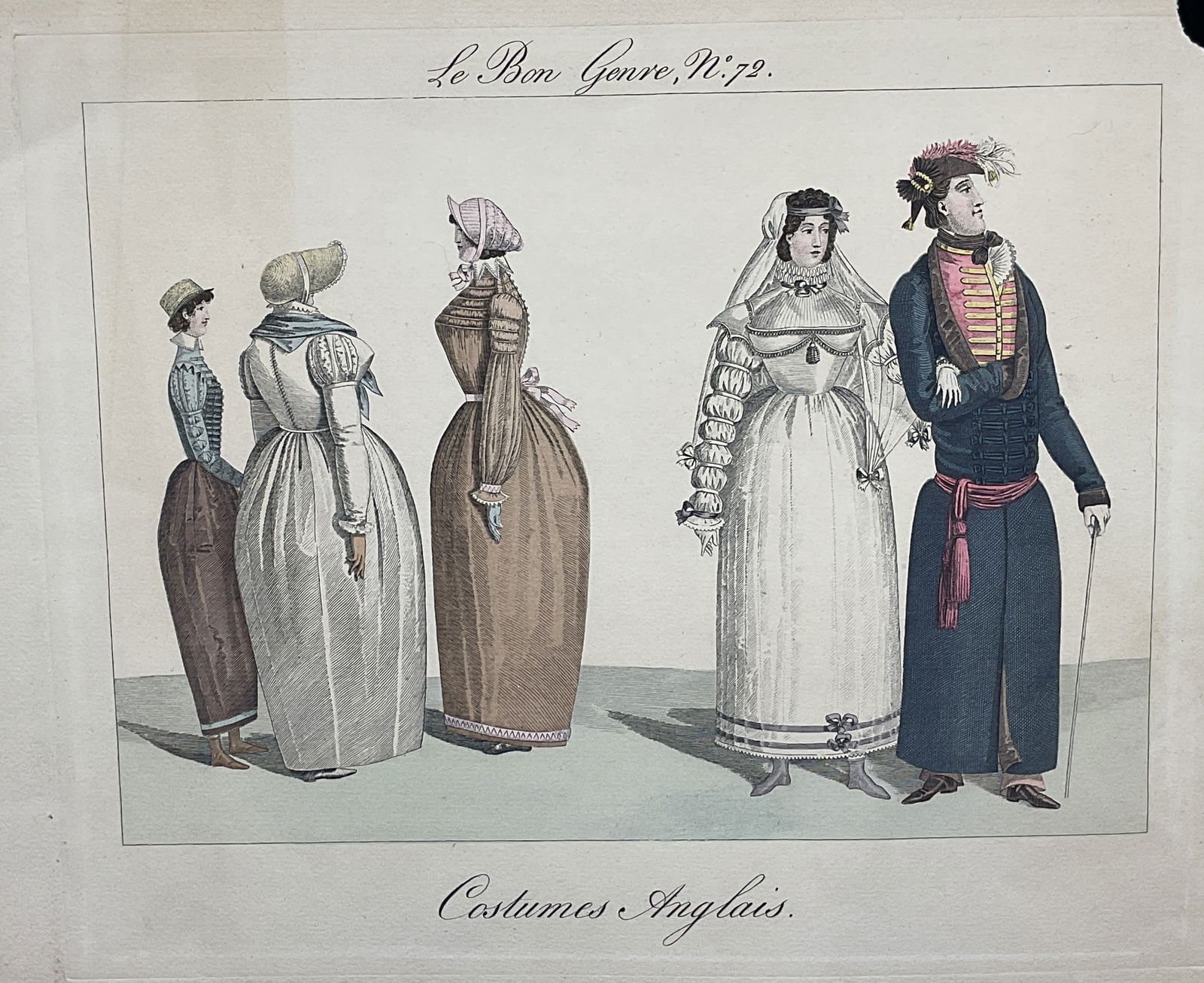 Antq Le Bon Genre English Costume Engraving: Antiques hand colored engraving. Le Bon Genre no. 72. English costumes. Measures approx. 11.75 x 15.75 inches. Wear including foxing and tearing. Antique print, le bon genre, English costume, fashion