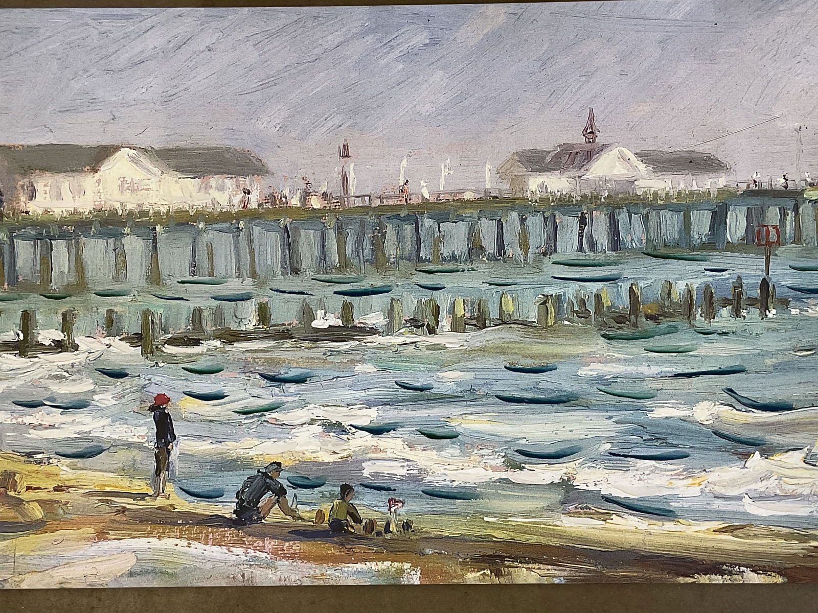 Coastal Pier Embellished Canvas Print NWT 37in: Embellished canvas fine art print. Coastal pier scene. Measures approx. 24 x 37.75 inches. New with tag. Some wear including marks and scratching. Art, fine art print, home decor, home accessories, wa