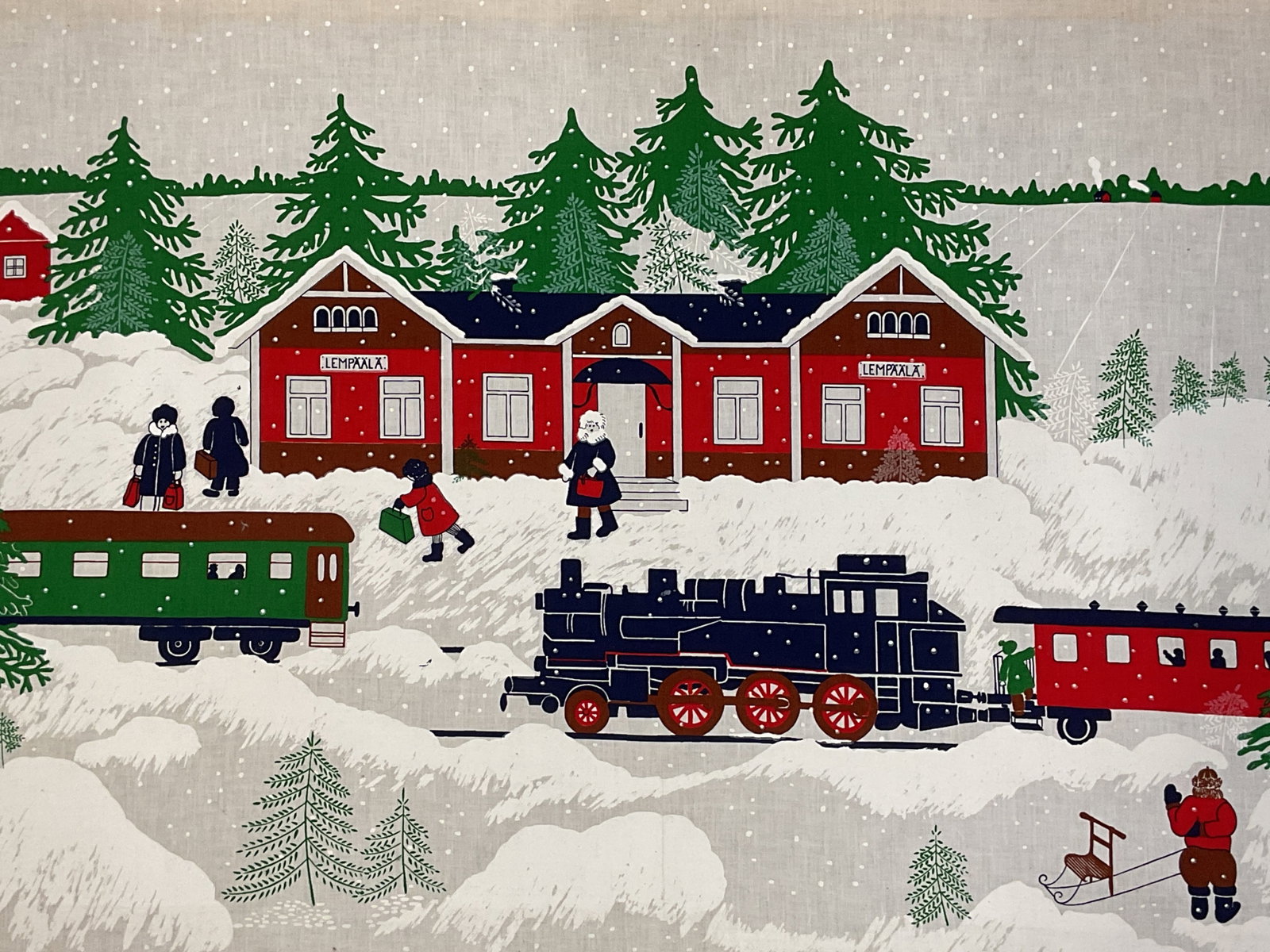 Tampella Finland Lempaala Winter Scene Print 47in: 1978 Tampella Lempaala stretched cotton print. Made in Finland. Winter scene with train and figures. Measures approx. 28.75 x 47.75 inches. Wear including marks. Tampella print, Lempaala print, winter