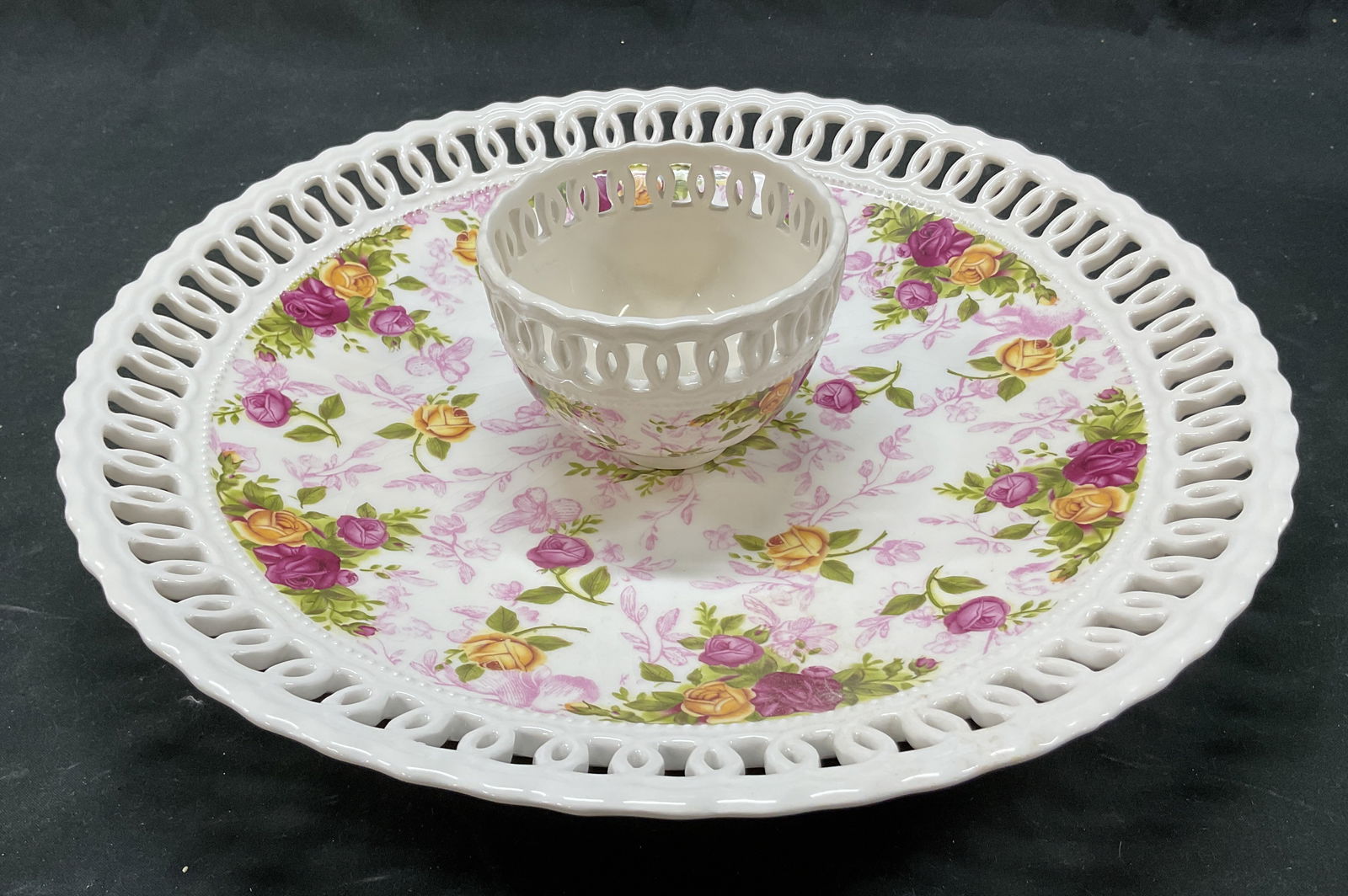 2002 Royal Albert Old Country Roses Chip Dip Bowl: Royal Albert Old Country Roses porcelain chip and dip bowl. Marked on underside, reads Old Country Roses Royal Albert 2002 Royal Albert Ltd. Pieces are separate, not connected. Round bowl with
