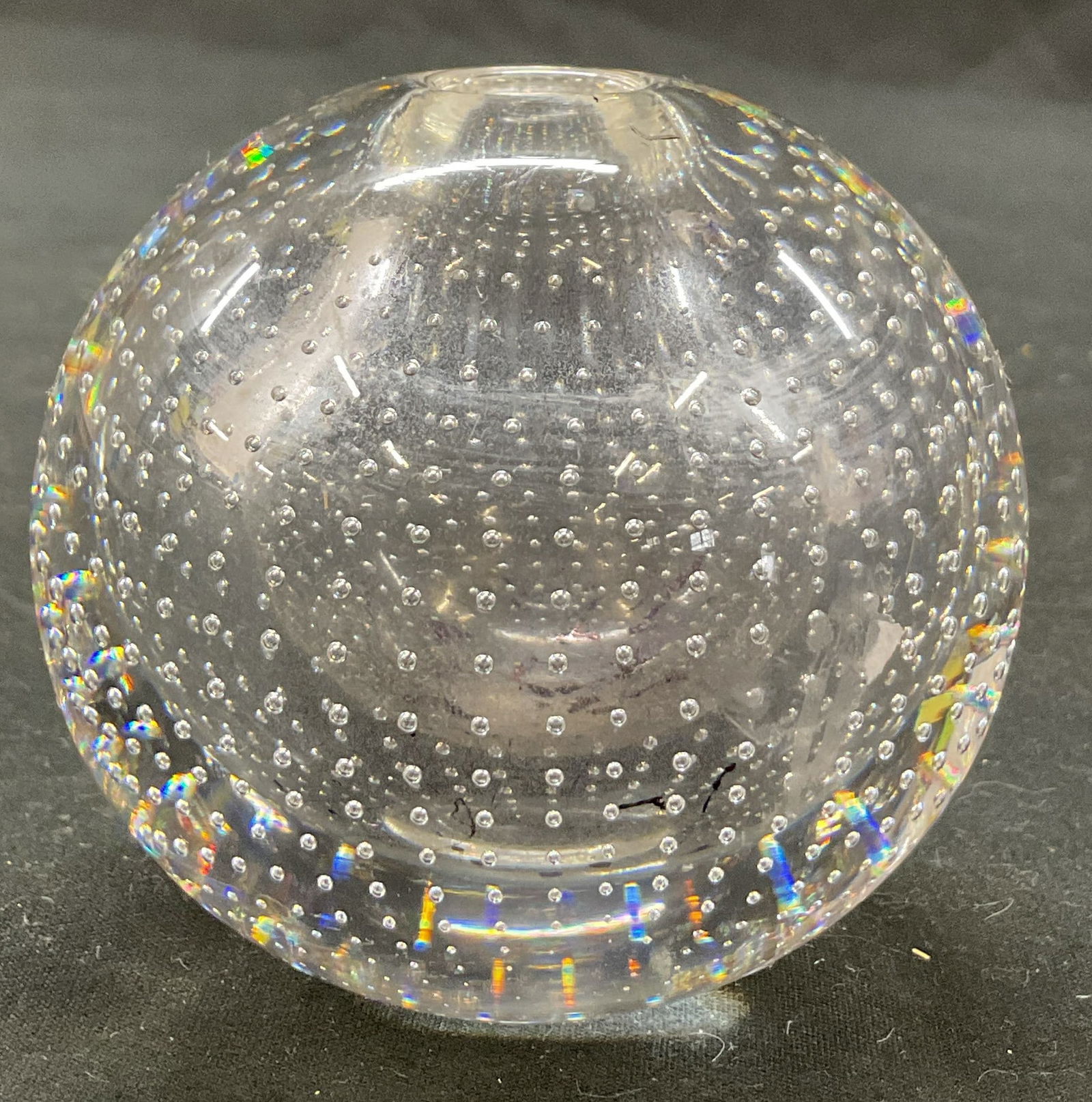 Vtg Hand Blown Art Glass Paperweight: Vintage hand blown art glass paperweight. Round spherical shape. Opening at top. Air bubble pattern. Splatters of black ink observed. Measures ht approx 3 inches diam approx 4 inches. Surface wear con