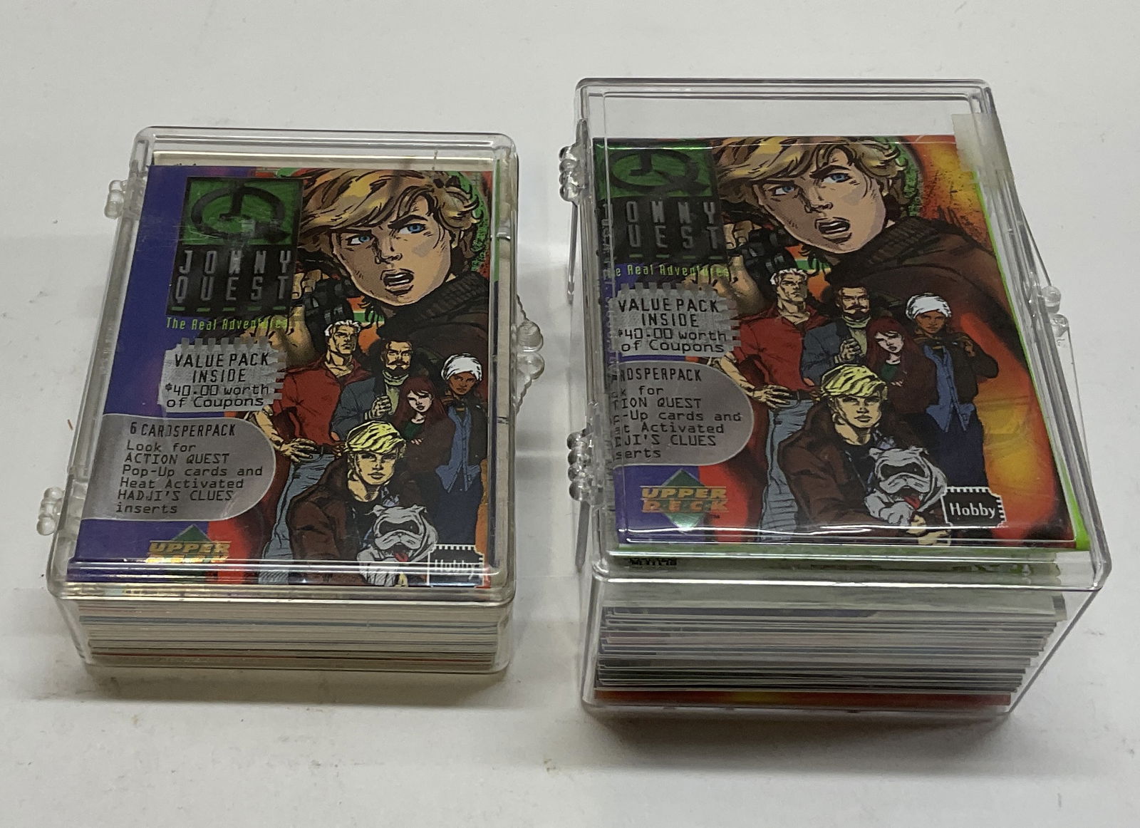 100+ Jonny Quest Trading Cards: Lot of 100+ Jonny Quest Trading Cards from 1996. Cartoon Network. Made by Upper Deck. Sold as is. Note inside says complete but otherwise unchecked. Cards measure approximately 3.5in Hx 2.5in L. Condi