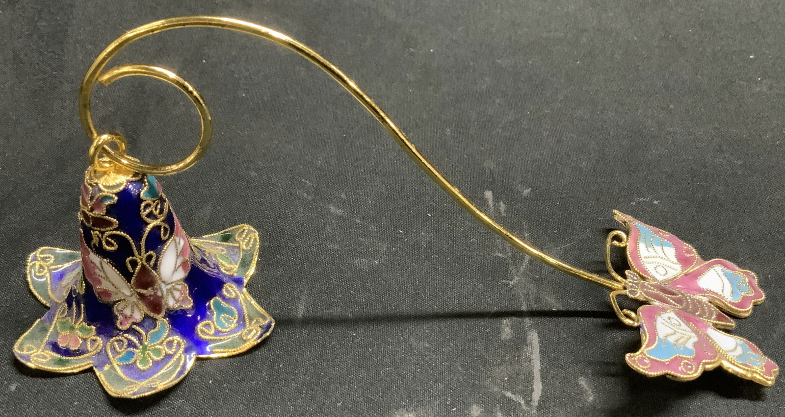 Vtg Enamel Cloisonne Butterly Candle Snuffer: Vintage enamel cloisonne candle snuffer featuring an extended handle with a butterfly on end. Shades of blue, pink, white, purple. Surface wear consistent to age, use & exposure. Measurements: length