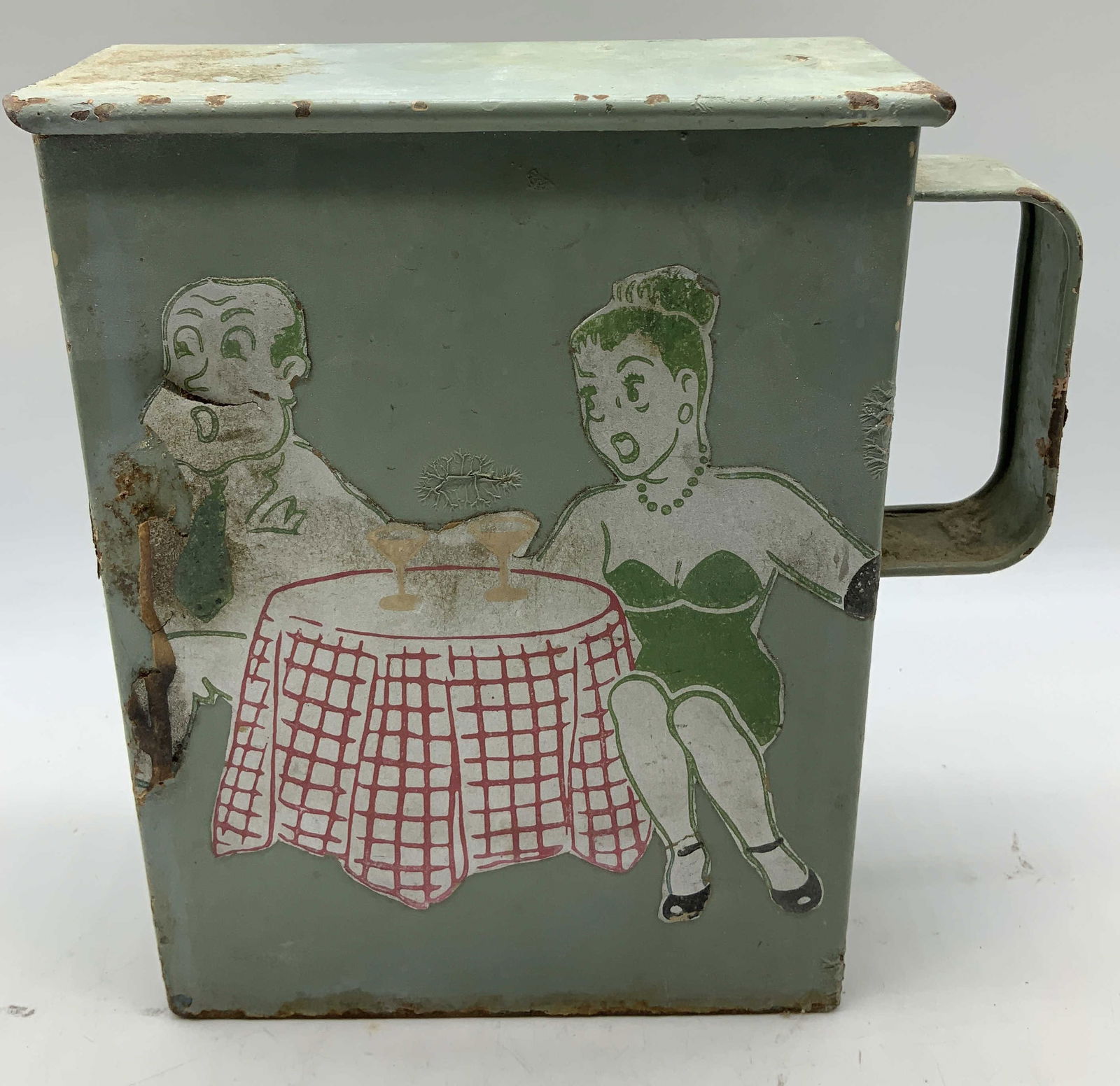 Vtg Caricature Illustr Lidded Tin Container: Vintage lidded tin container features a colorful caricature illustration of a couple at a table. Green metal finish & features a handle. Lidded top. No visible signature or markings. Surface wear
