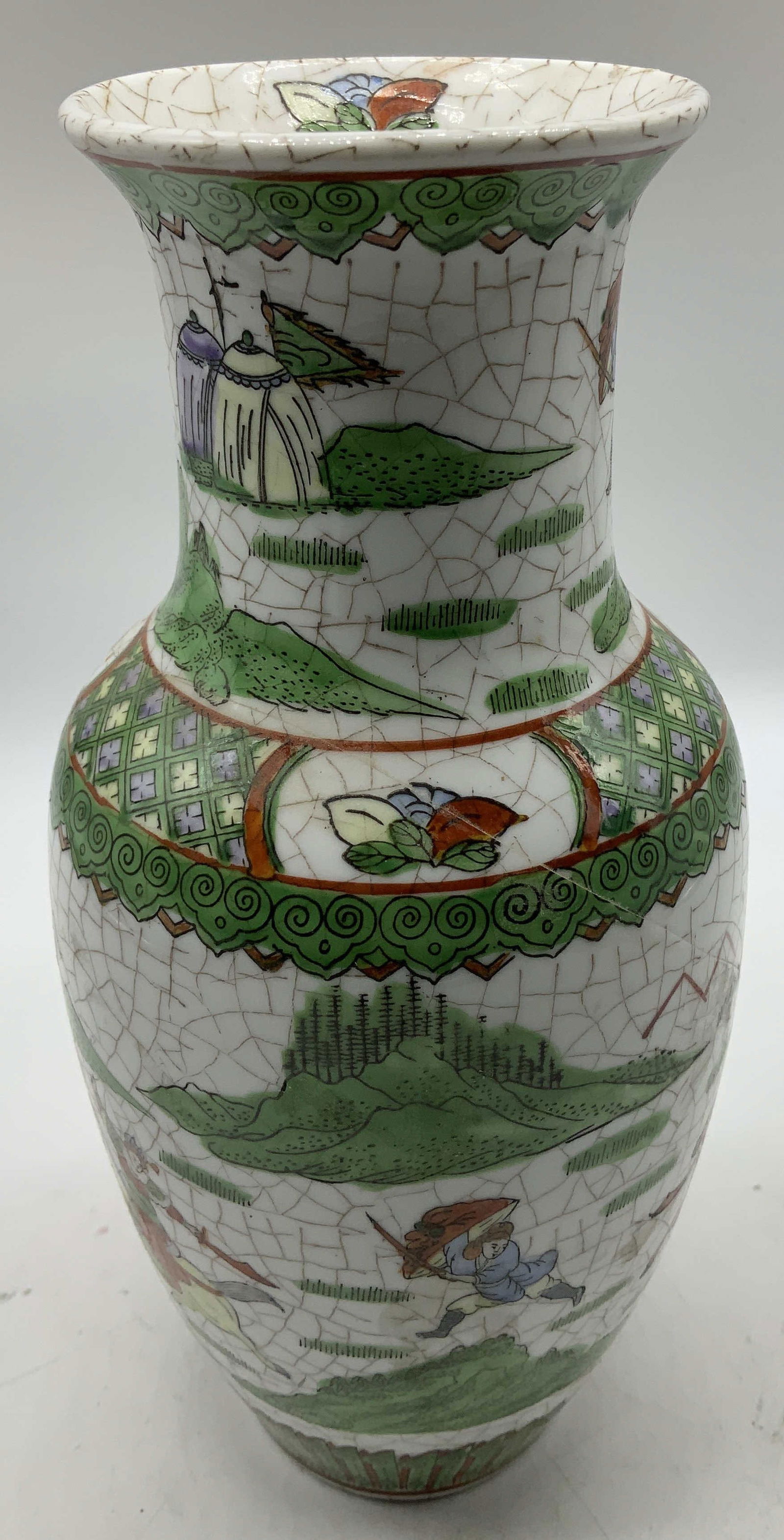 Vtg Hand Painted Scenic Porc Vase MACAU: Vintage porcelain vase features hand painted scenes of figures in a landscape setting. Shades of green, red, blue & yellow. Crackle glaze finish. Signed & marked on underside. Reads, MADE IN MACAU. Su