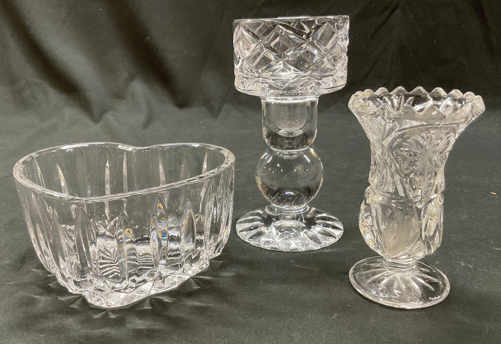 Lot 3 Block+ Cut Crystal Tableware: Lot of 3 items. Block cut crystal candle holder. Signed on underside. Pedestal base and stacked ball design stem. Diamond like pattern. Vintage cut crystal toothpick holder. Pedestal base and sawtooth