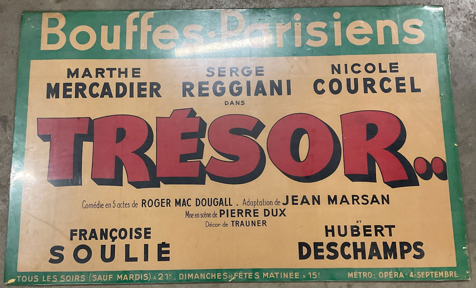 Vintage Tresor Theater Poster, France 29x46In: Vintage advertising poster for Tresor at the Theatre des Bouffes Parisiens. Measures approx. 29.25 x 46.75 inches. Wear including foxing and small tears. Art, theater poster, advertising poster, vinta