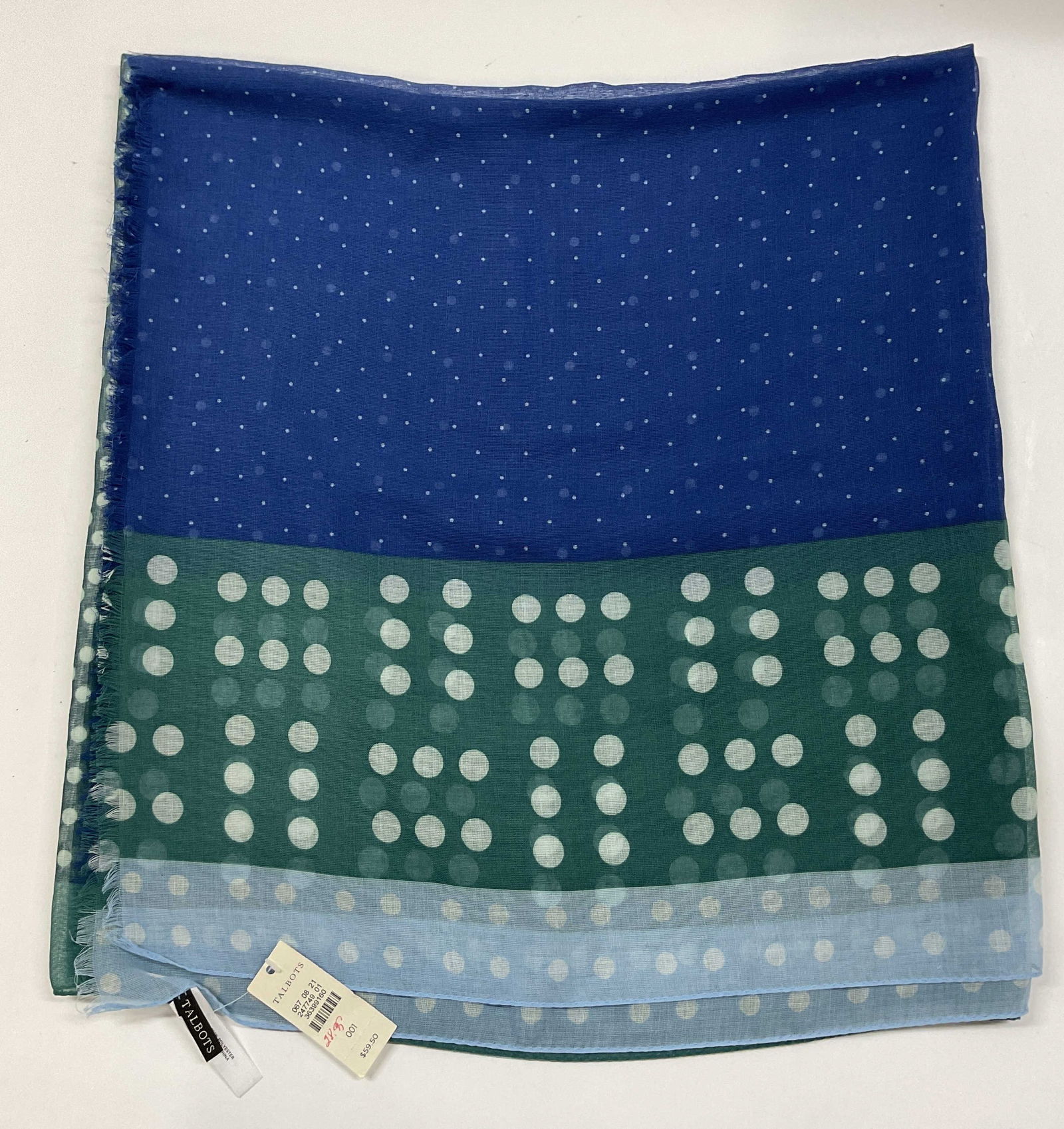 Talbots Sheer Polka Dot Fringed Scarf NWT: New with tag. Talbots sheer polka dot fringed scarf. Feels like cotton. Fringed trim in varying colors. Polka dot pattern in green and blue. Measures approx 35 x 66 inches. Scarf, Talbots,