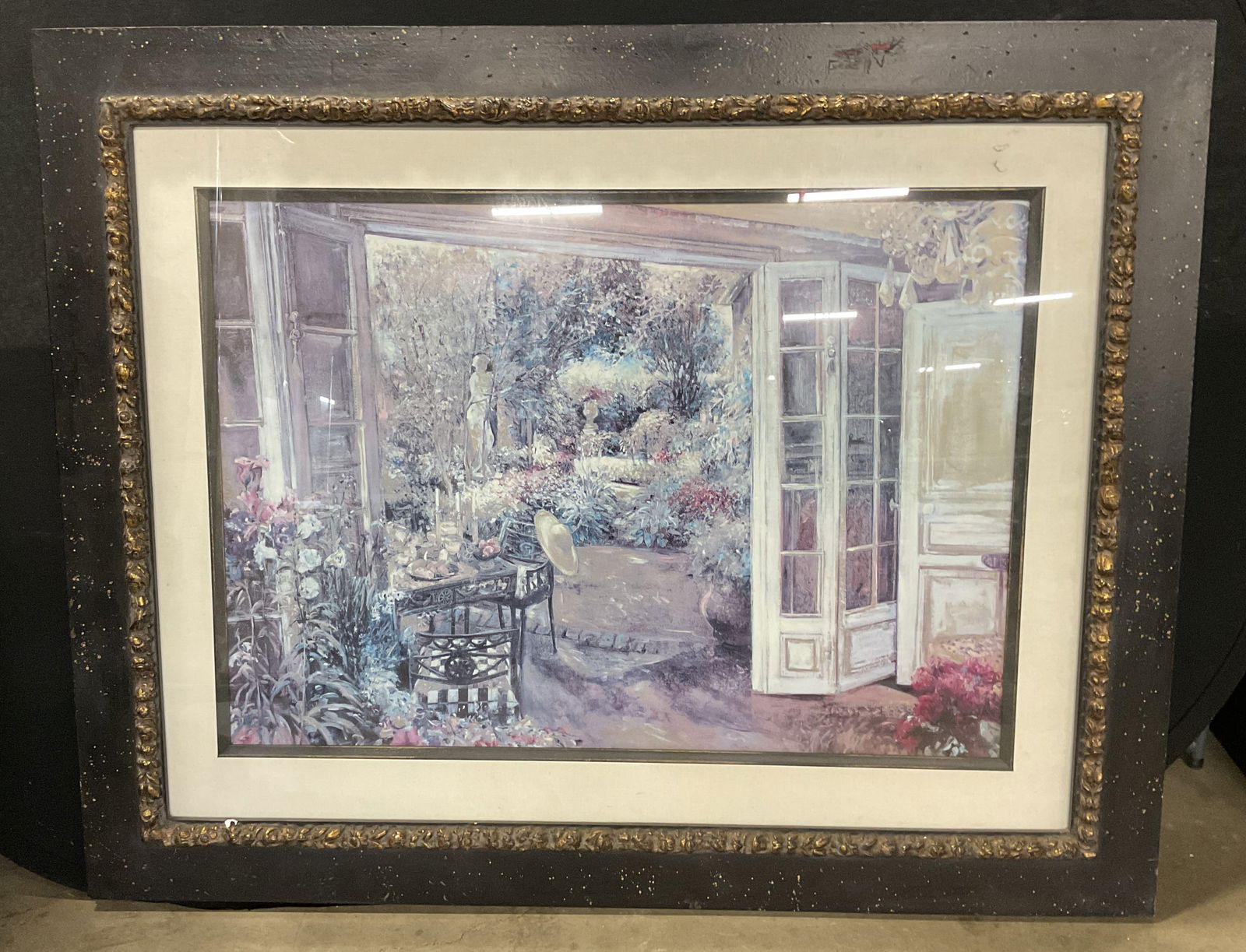 Framed From the Garden Room Fine Art Print 55in: Framed fine art print lithograph. From the Garden Room. Decorative black and gilt wood frame. Not examined out of frame. Frame measures approx. 44 x 55.5 inches. Wear including discoloration and