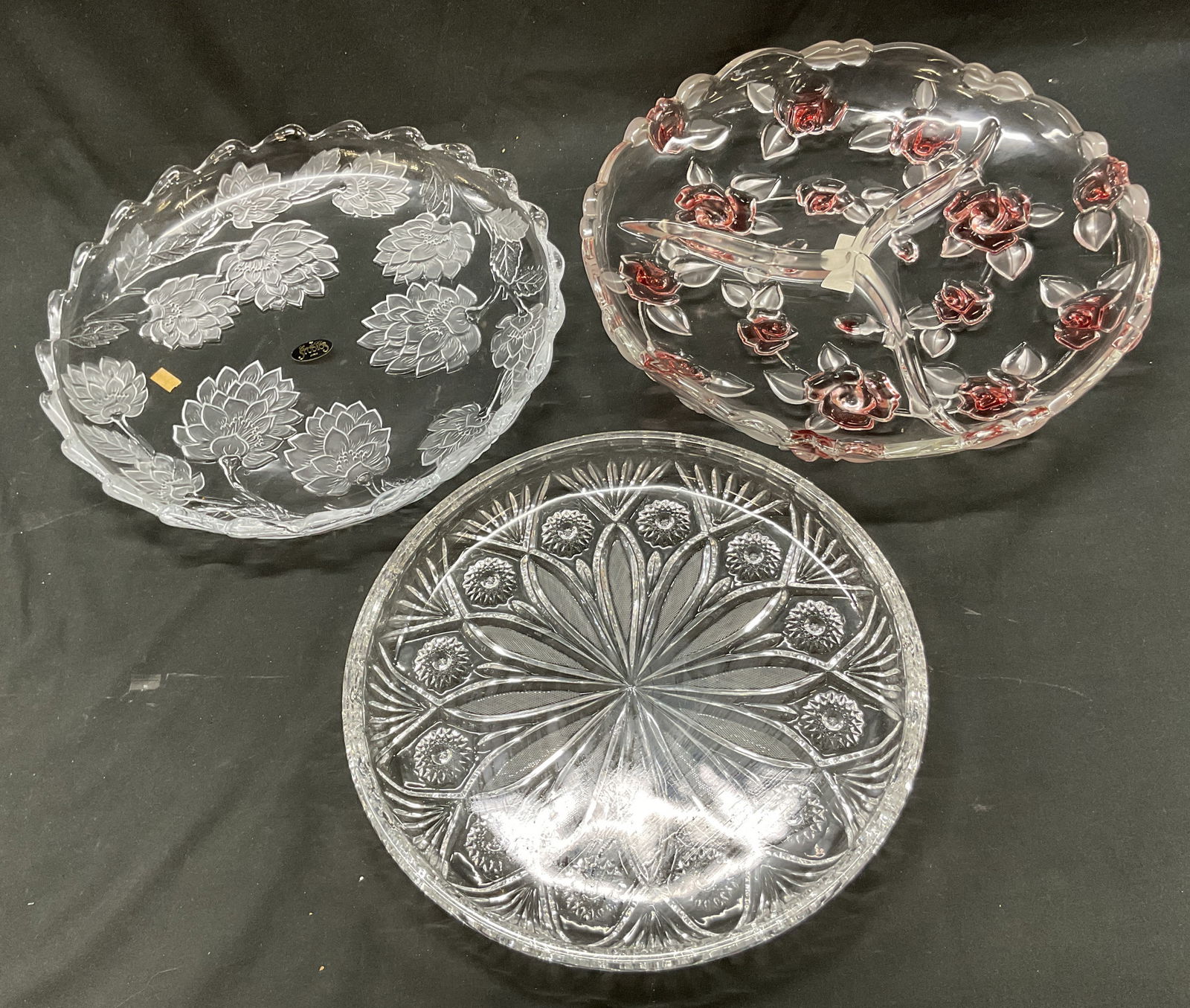 Lot 3 Mikasa+ Crystal Serving Platters Japan: Lot of 3 items. Mikasa crystal Bella Rosa divided serving platter. Embossed frosted and pink floral motifs. Scalloped edges. Feet supports on underside. Crystal Clean Studios crystal serving