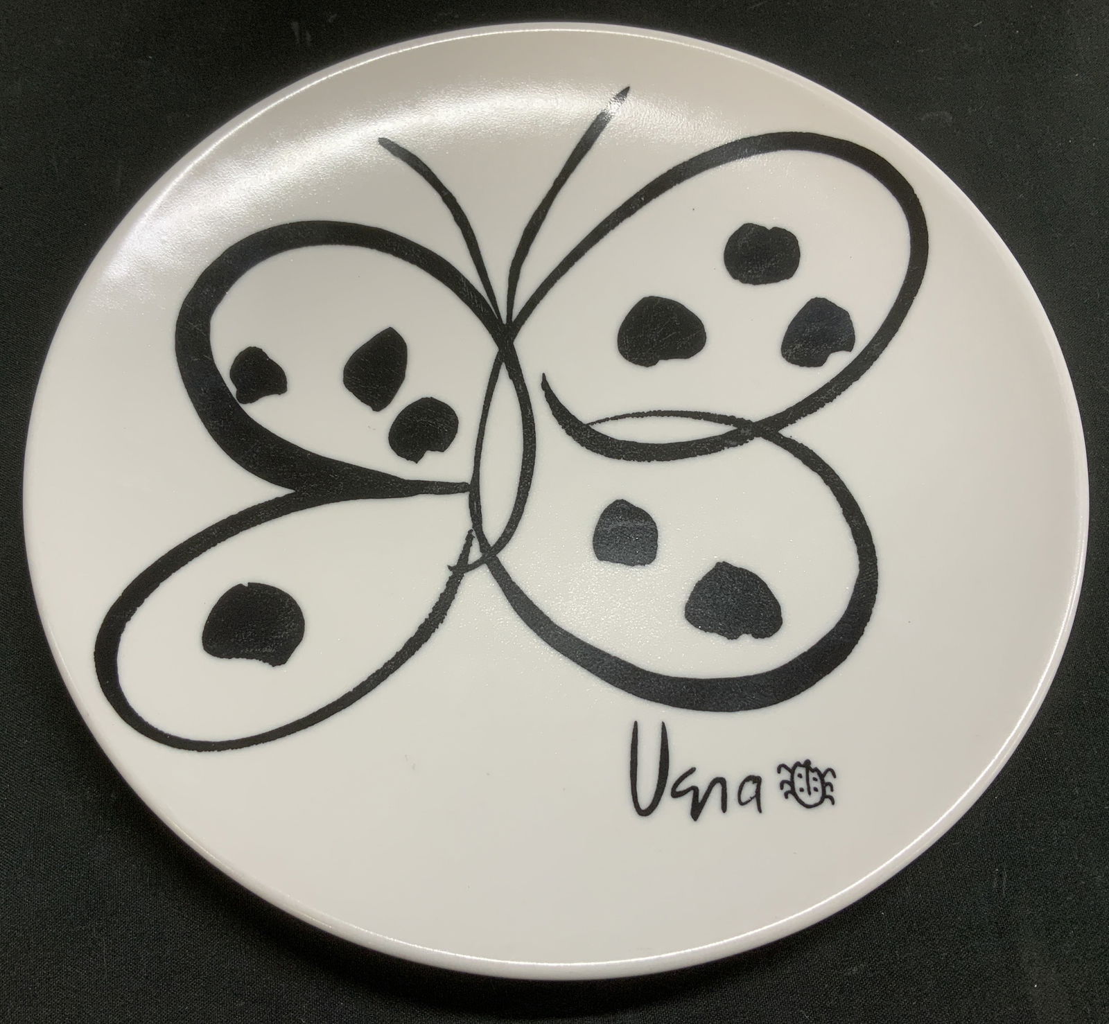 Vera for Mikasa Butterfly Motif Plate JAPAN: Plate features a butterfly motif in center. Black & white toned. Appears to be possible stoneware material. Signed & marked on underside. Reads, BUTTERFLY DREAMS COME TRUE ALICE. VERA FOR
