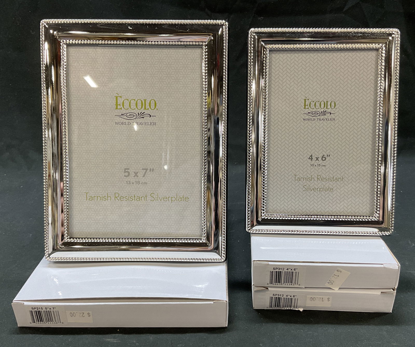 Lot 5 Eccolo Silver Plated Picture Frames NIB: Lot of 5 Eccolo silver plated picture frames. Lot includes three 4x6 frames and two 5x7 frames. Embossed surface and rectangular shape. Comes in original box and packaging. Picture frames,