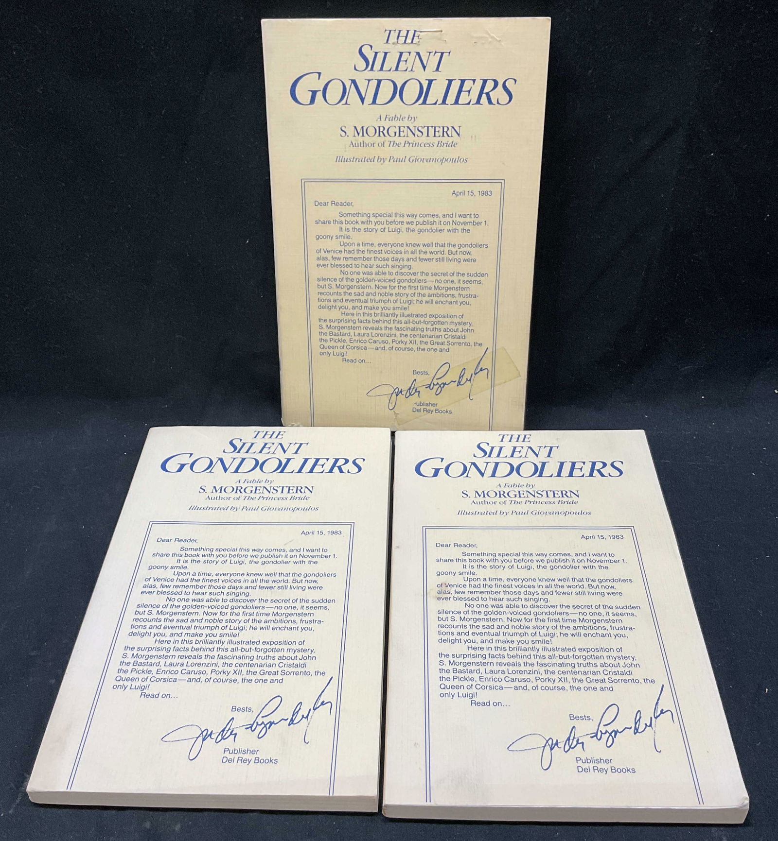 Lot 3 1983 1st Ed Silent Gondoliers Morgen+: The Silent Gondoliers by S. Morgenstern. Lot includes 3 copies. Illustrated by Paul Giovanopoulos. A Del Rey Book. Published by Ballantine Books, 1983. First edition, special readers edition.