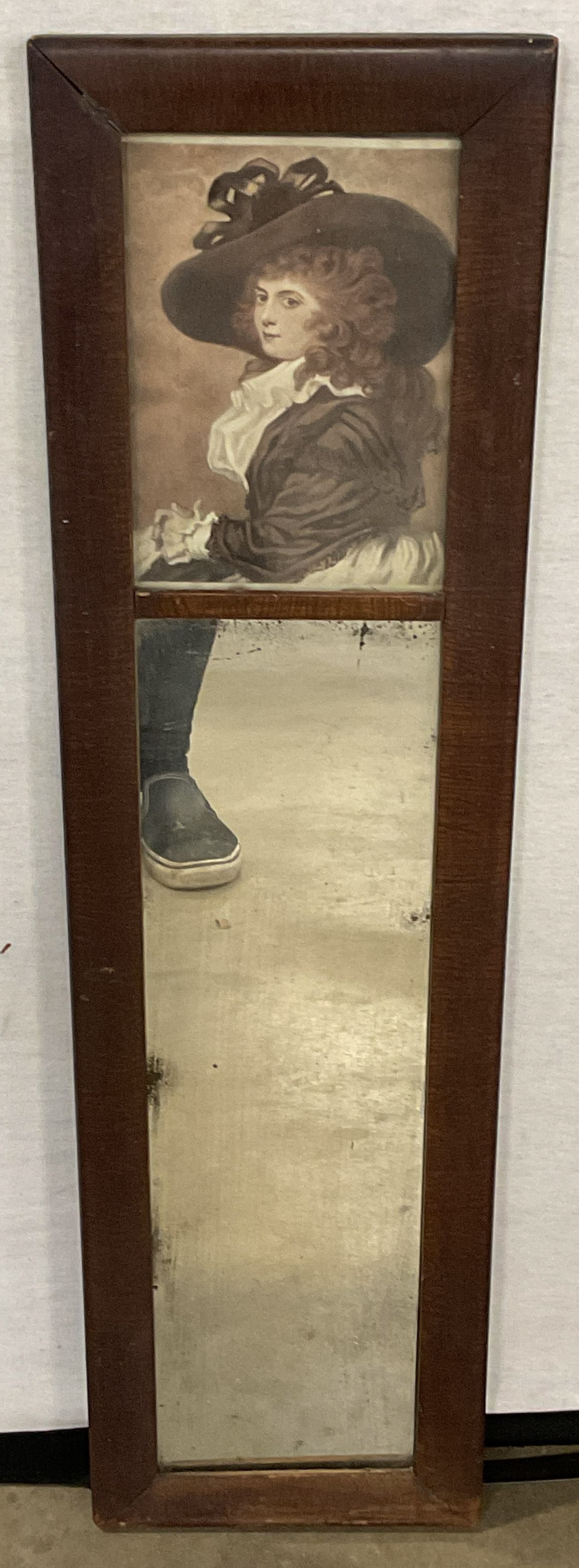 Antique Wood Woman Portrait Accent Mirror: Antique rectangular wood frame accent mirror with Victorian style woman portrait print. Measures approx. 30.75 x 8 inches. Wear including scratching, loose corners, dark spots on mirror. Mirror, accen