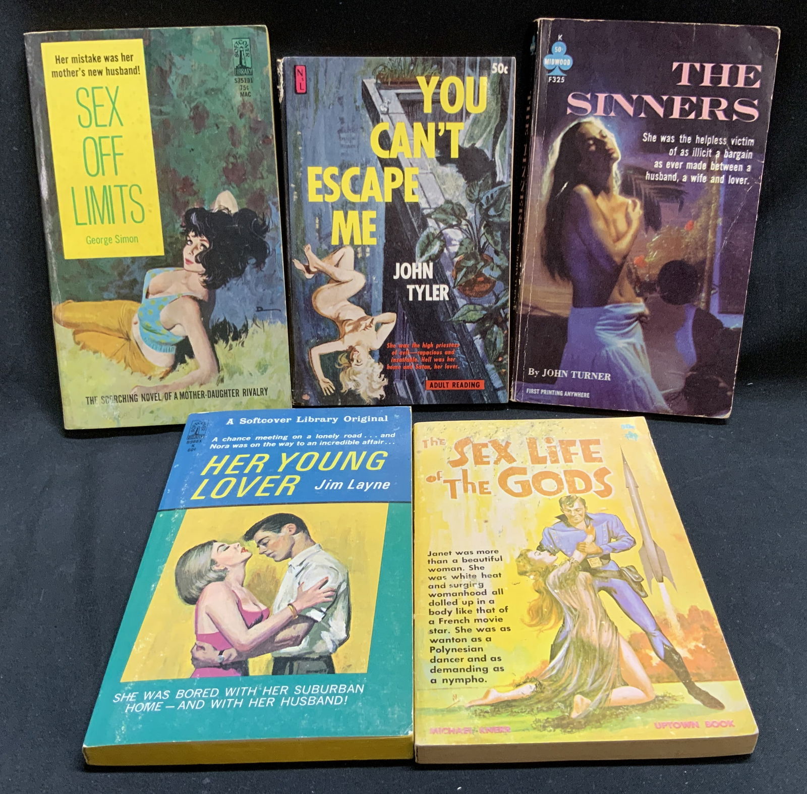 Lot 5 Pulp Fiction Erotica 1960s Bks SIMON: Lot includes, Sex Off Limits by George Simon (1965), You Cant Escape Me by John Tyler (1961), The Sinners by John Turner (1963), Here Young Lover by Jim Layne (1966) & The Sex Life of the Gods by